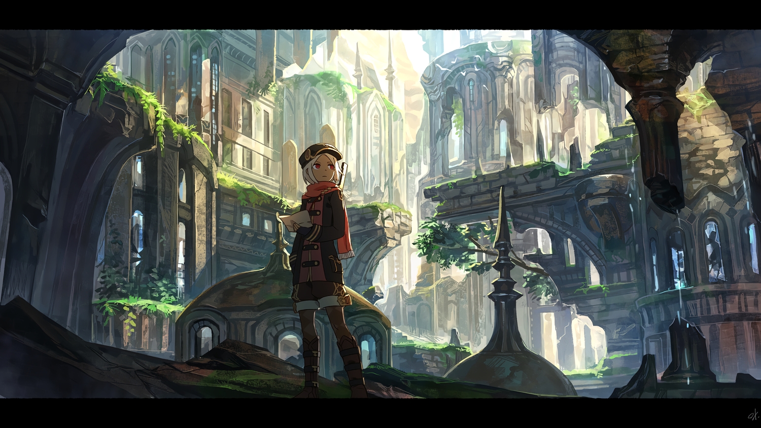 boots, building, city, grass, hat, original, ox_(baallore), pantyhose
