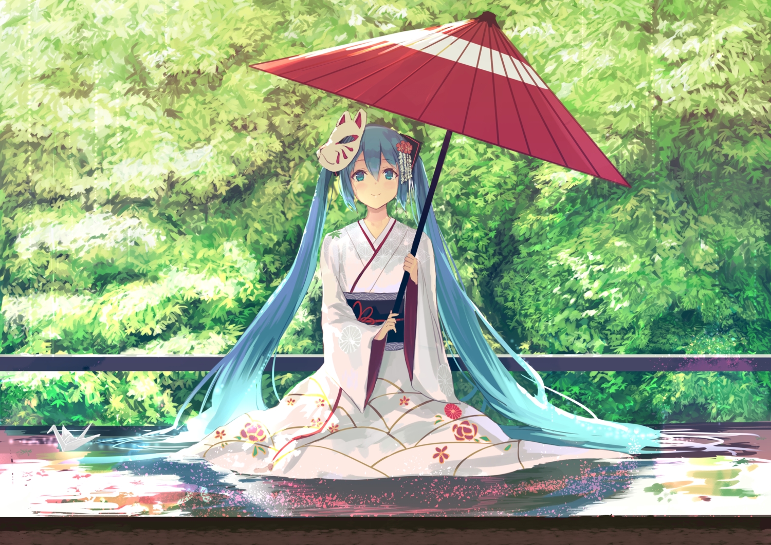 aqua_eyes, aqua_hair, green, hatsune_miku, japanese_clothes, kimono, long_hair, mask, nishin_(nsn_0822), paper, petals, tree, twintails, umbrella, vocaloid