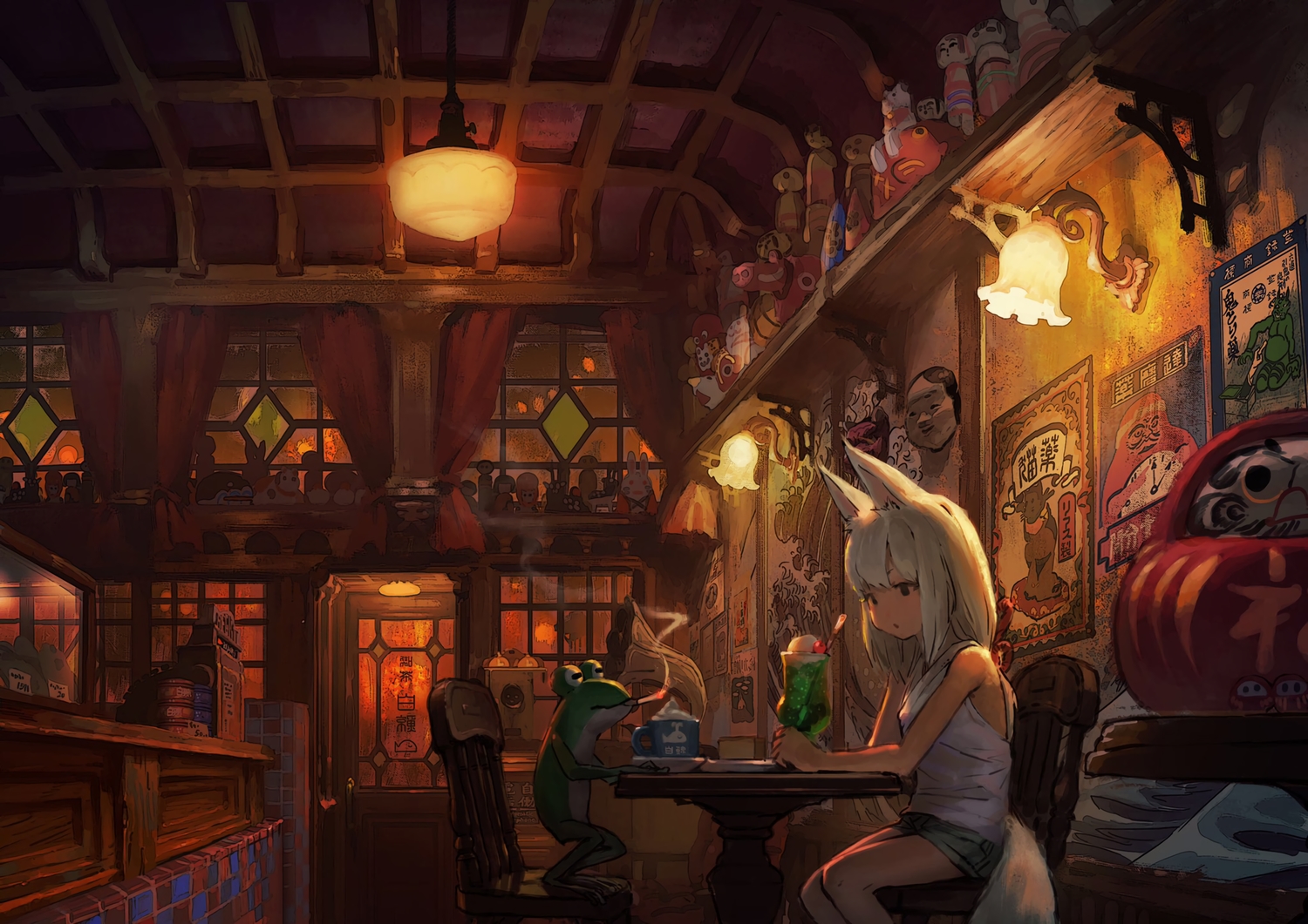 animal, animal_ears, black_eyes, cherry, cigarette, doll, drink, food