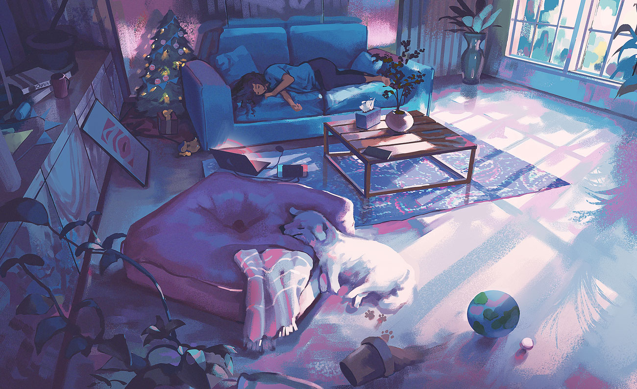 animal, black_hair, computer, couch, dog, game_console, klegsart, long_hair, original, sleeping