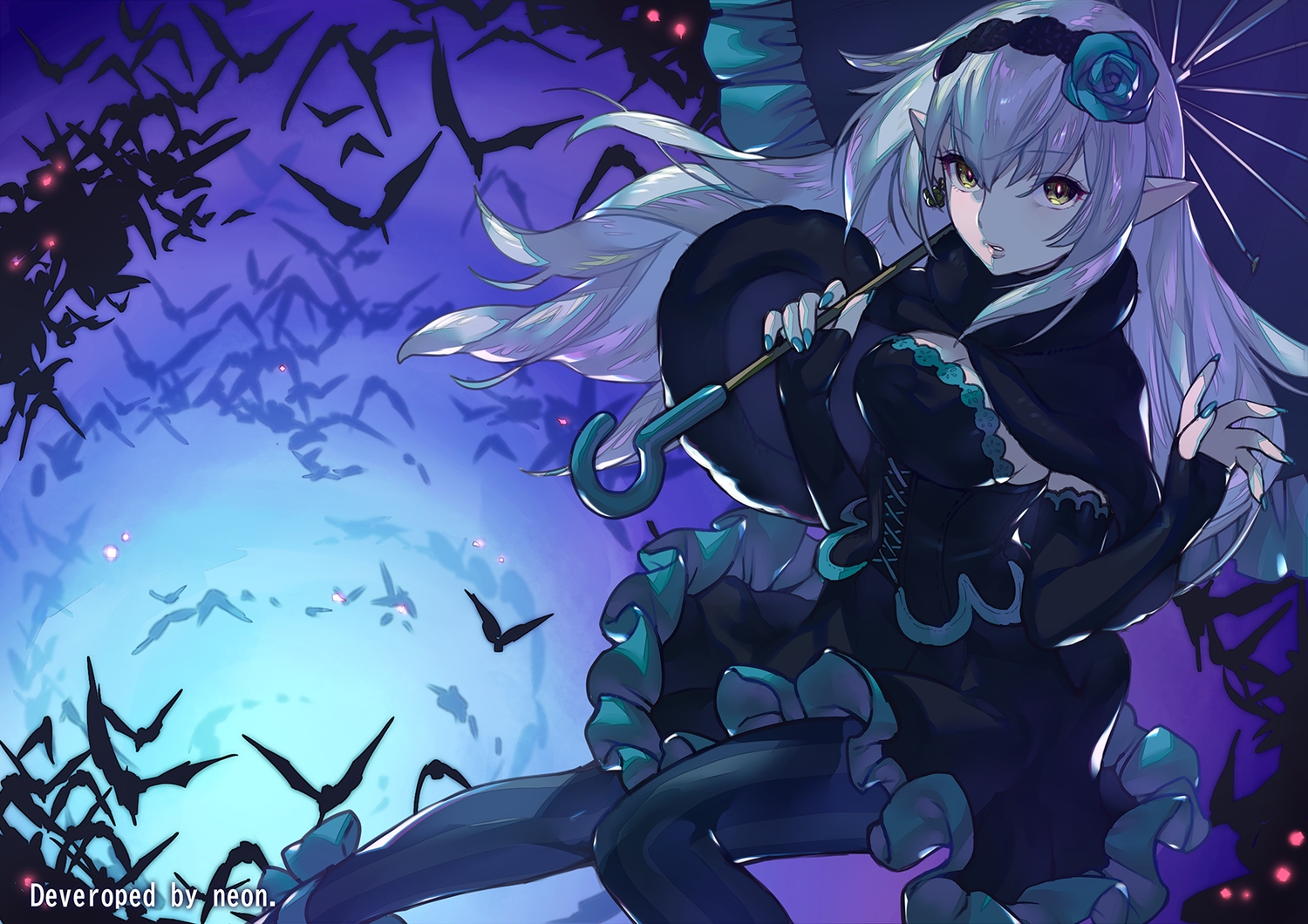 animal, bat, cape, dress, goth-loli, gray_hair, kotatsu_(g-rough), lolita_fashion