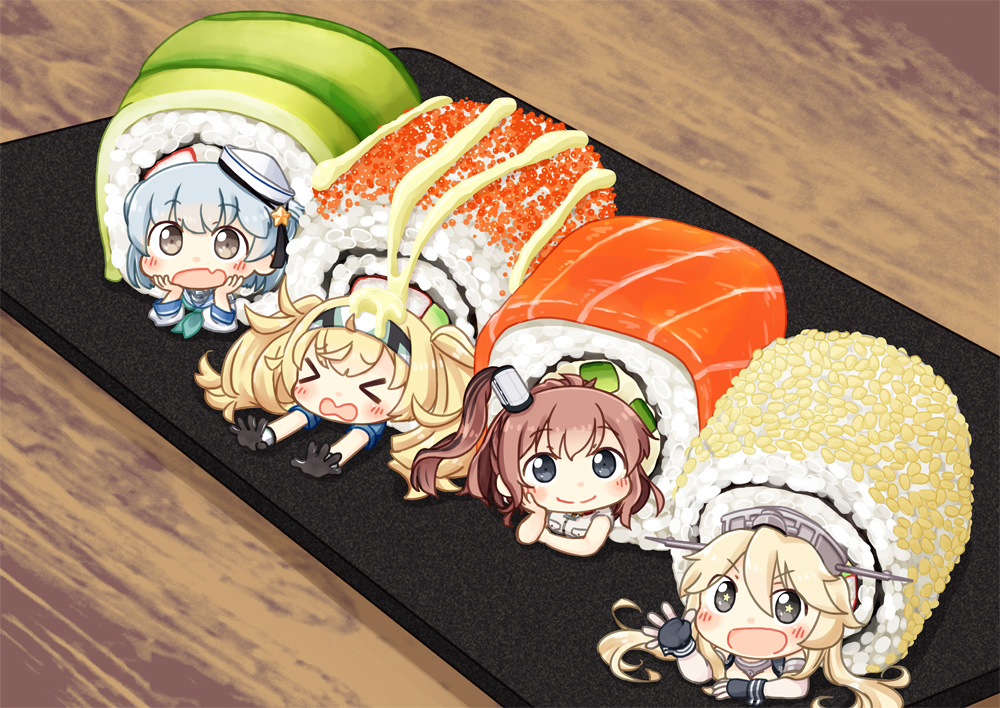 anthropomorphism, black_hair, blonde_hair, blue_hair, brown_eyes, brown_hair, chibi, fang, food, gambier_bay_(kancolle), gloves, group, hat, headband, hinata_yuu_(artist), iowa_(kancolle), kantai_collection, long_hair, ponytail, samuel_b._roberts_(kancolle), school_uniform, twintails, uss_saratoga_(cv-3)