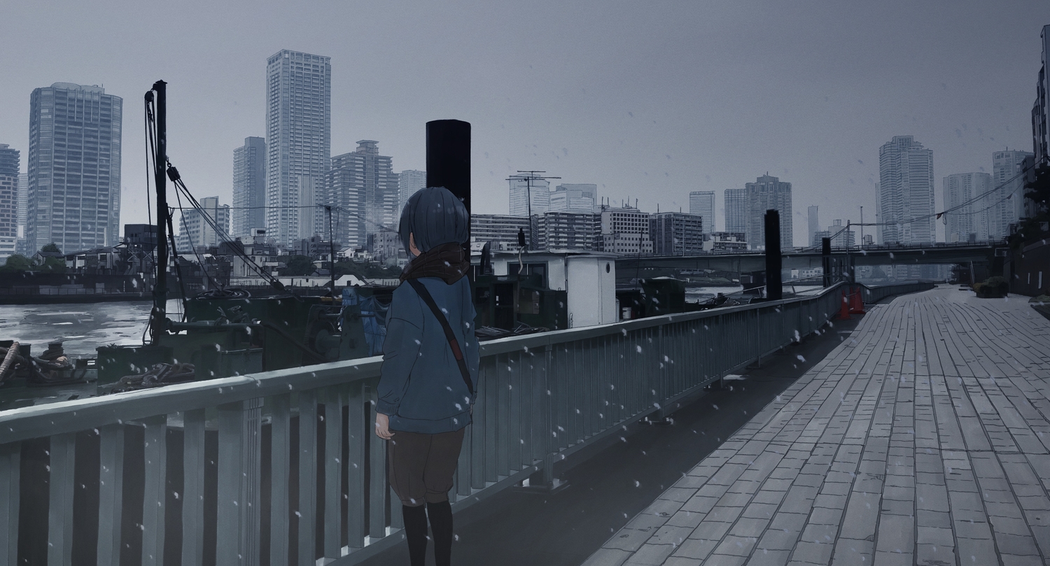 building, city, dark, industrial, original, scarf, scenic, short_hair, snow, unagi189