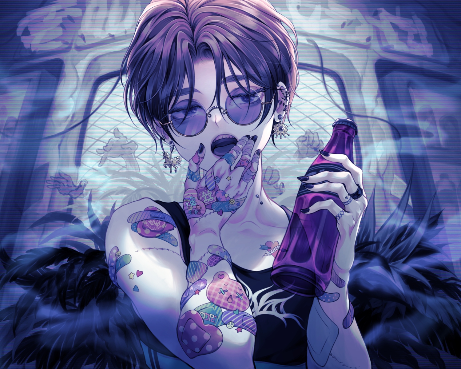 aki_(xxparadexx), all_male, bandaid, black_eyes, black_hair, drink, male, original, scar, short_hair, sunglasses, tattoo