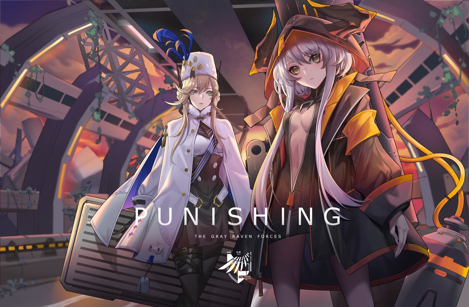 2girls, bianca_(pgr), brown_eyes, brown_hair, cape, dress, feathers, fengyin_shici_guozi, gray_hair, hat, hood, karenina_(pgr), long_hair, no_bra, pantyhose, punishing:_gray_raven