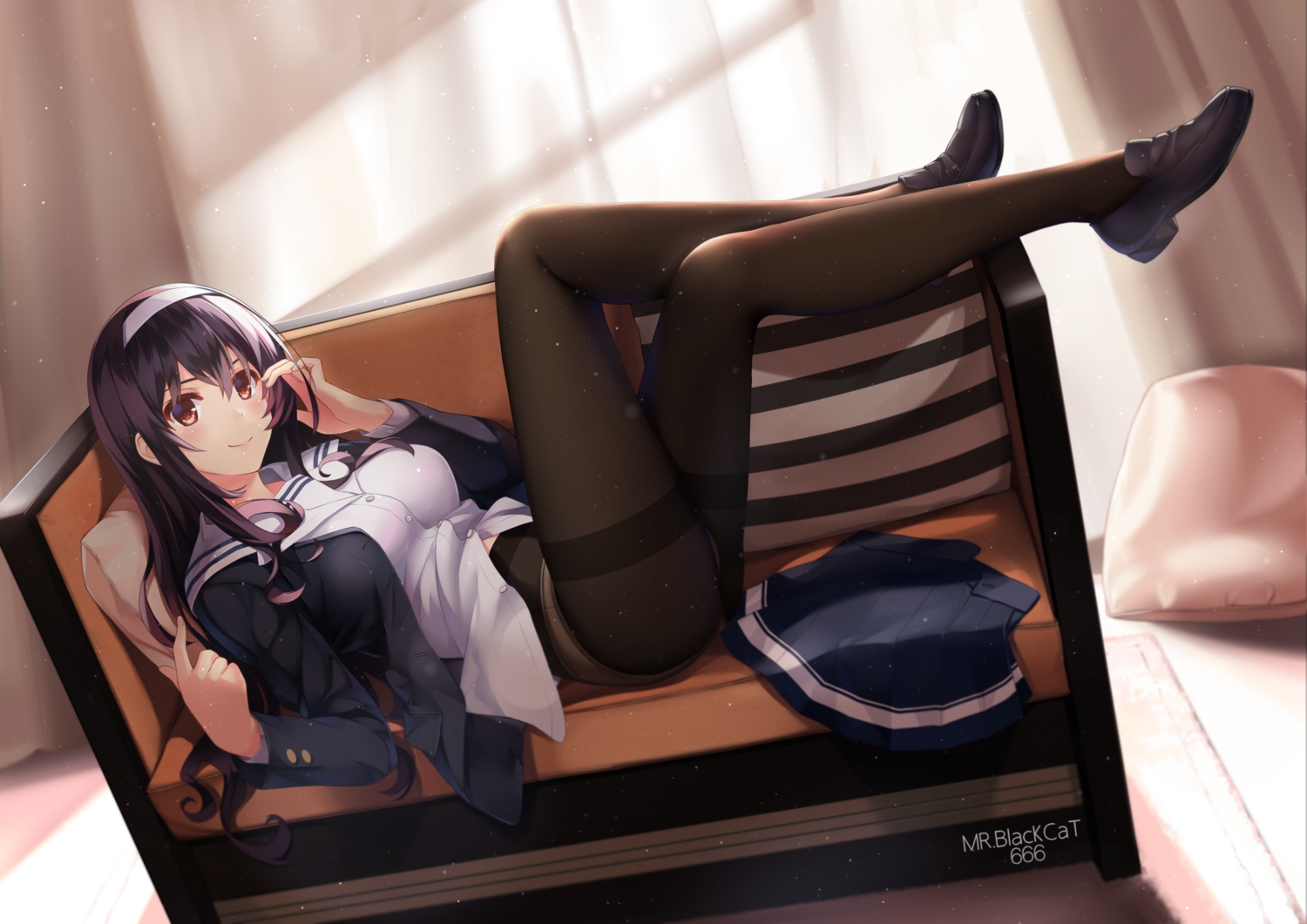 black_hair, brown_eyes, couch, headband, kasumigaoka_utaha, long_hair, mr_blackcat, panties, pantyhose, saenai_heroine_no_sodatekata, school_uniform, skirt, underwear, watermark
