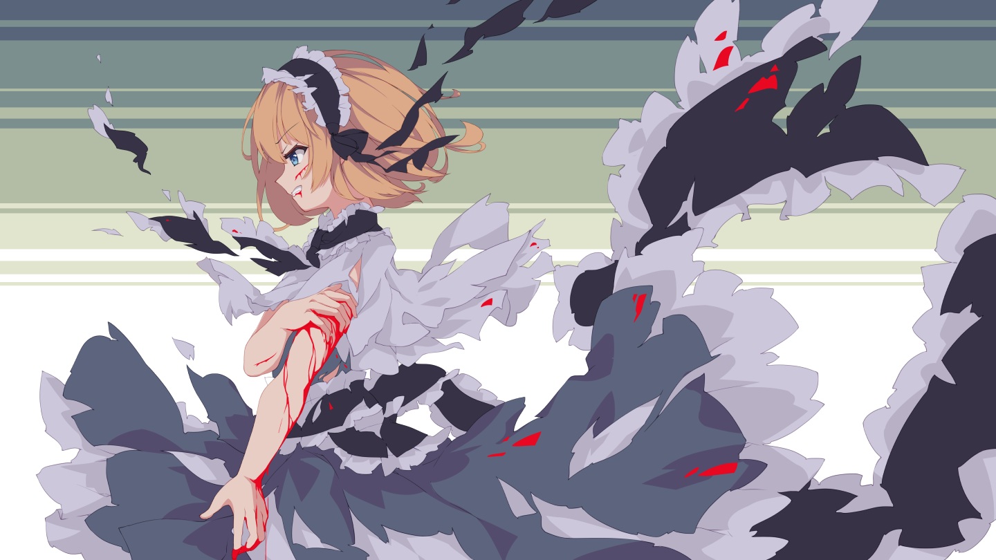 aliasing, alice_margatroid, aqua_eyes, blonde_hair, blood, dress, headdress, mechrailgun, short_hair, torn_clothes, touhou