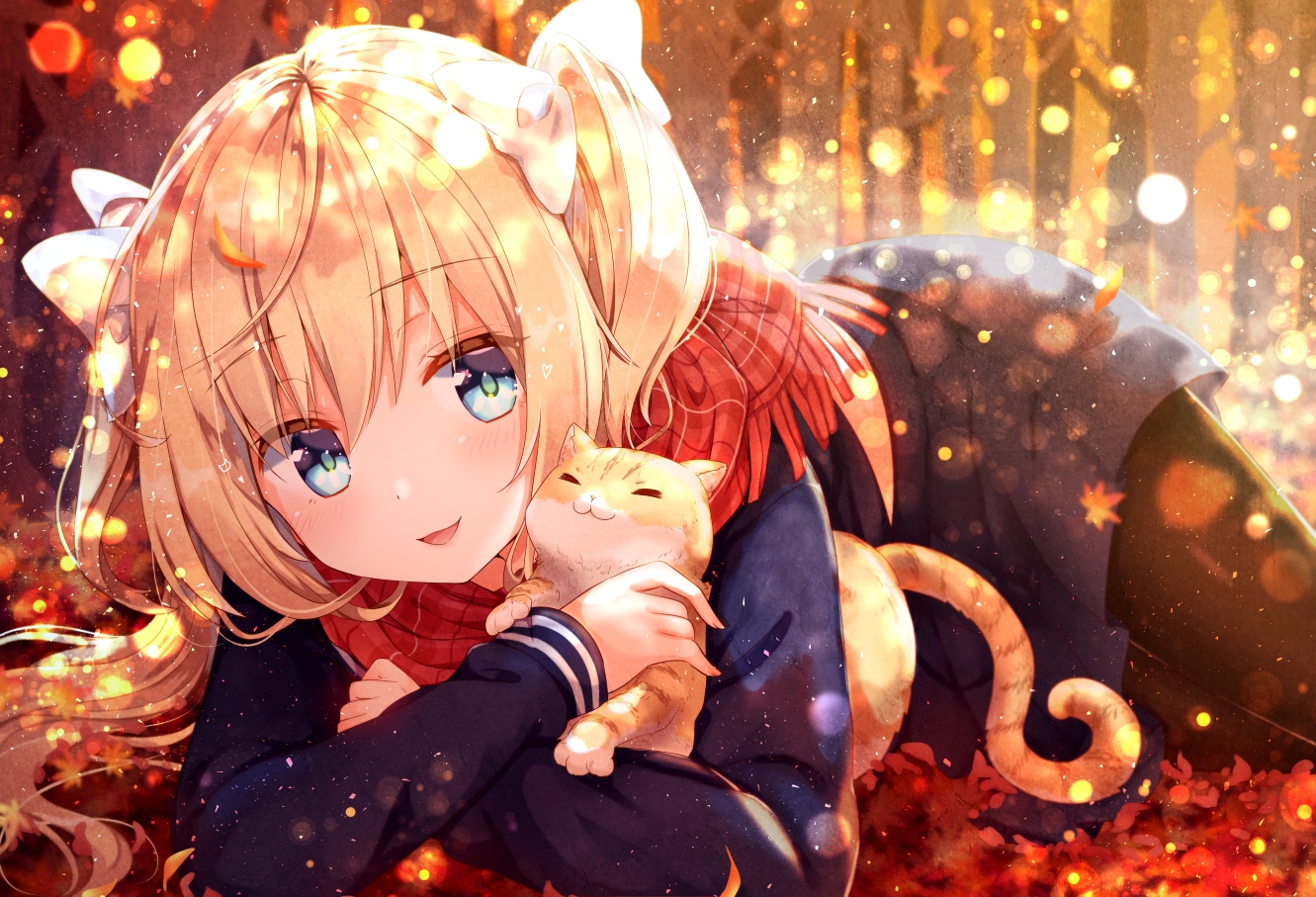 aliasing, animal, autumn, blonde_hair, cat, gomano_rio, leaves, long_hair