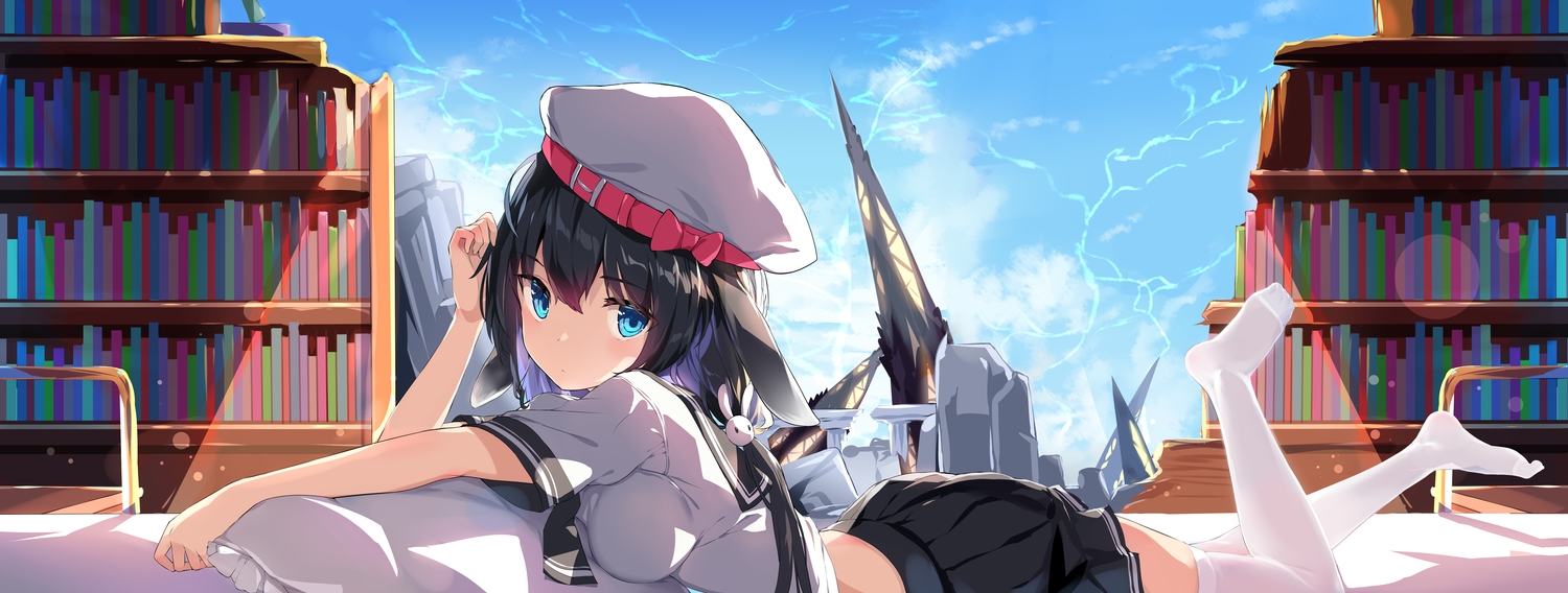 aqua_eyes, black_hair, long_hair, original, school_uniform, thighhighs, wawazi