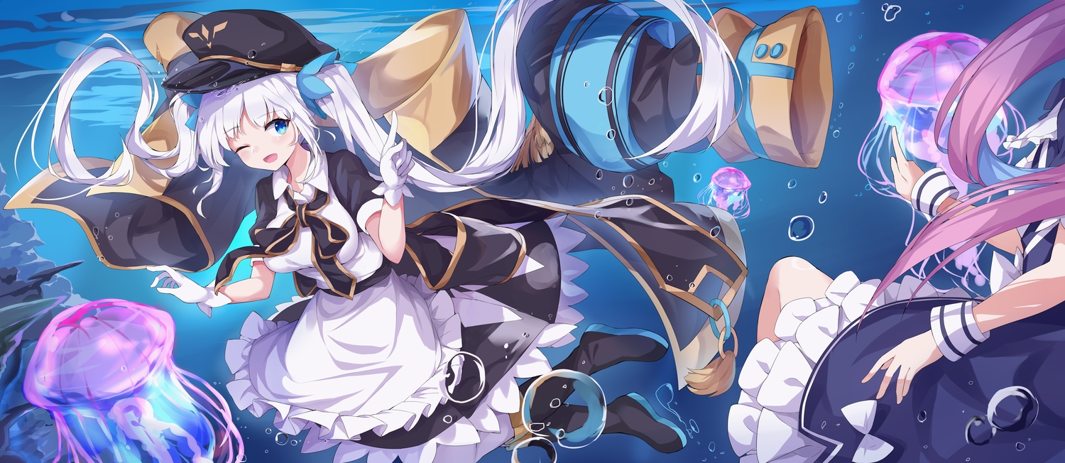 hololive, kagura_gumi, kagura_mea, long_hair, maid, minato_aqua, purple_hair, twintails