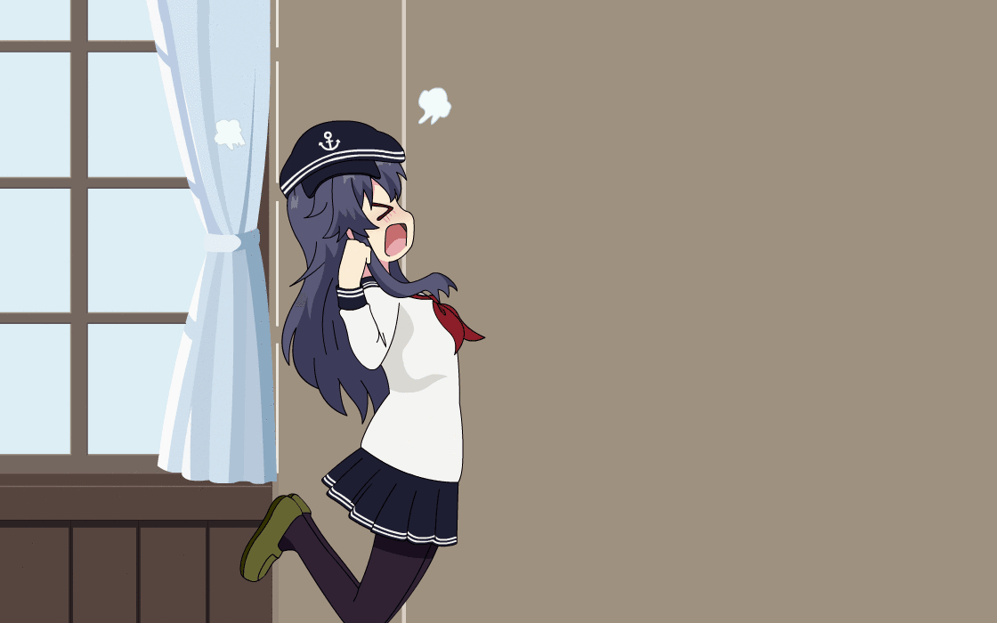 akatsuki_(kancolle), animated, anthropomorphism, black_hair, blush, brown, hat, kantai_collection, long_hair, machikado_mazoku, pantyhose, parody, school_uniform, skirt, sugapi, third-party_edit