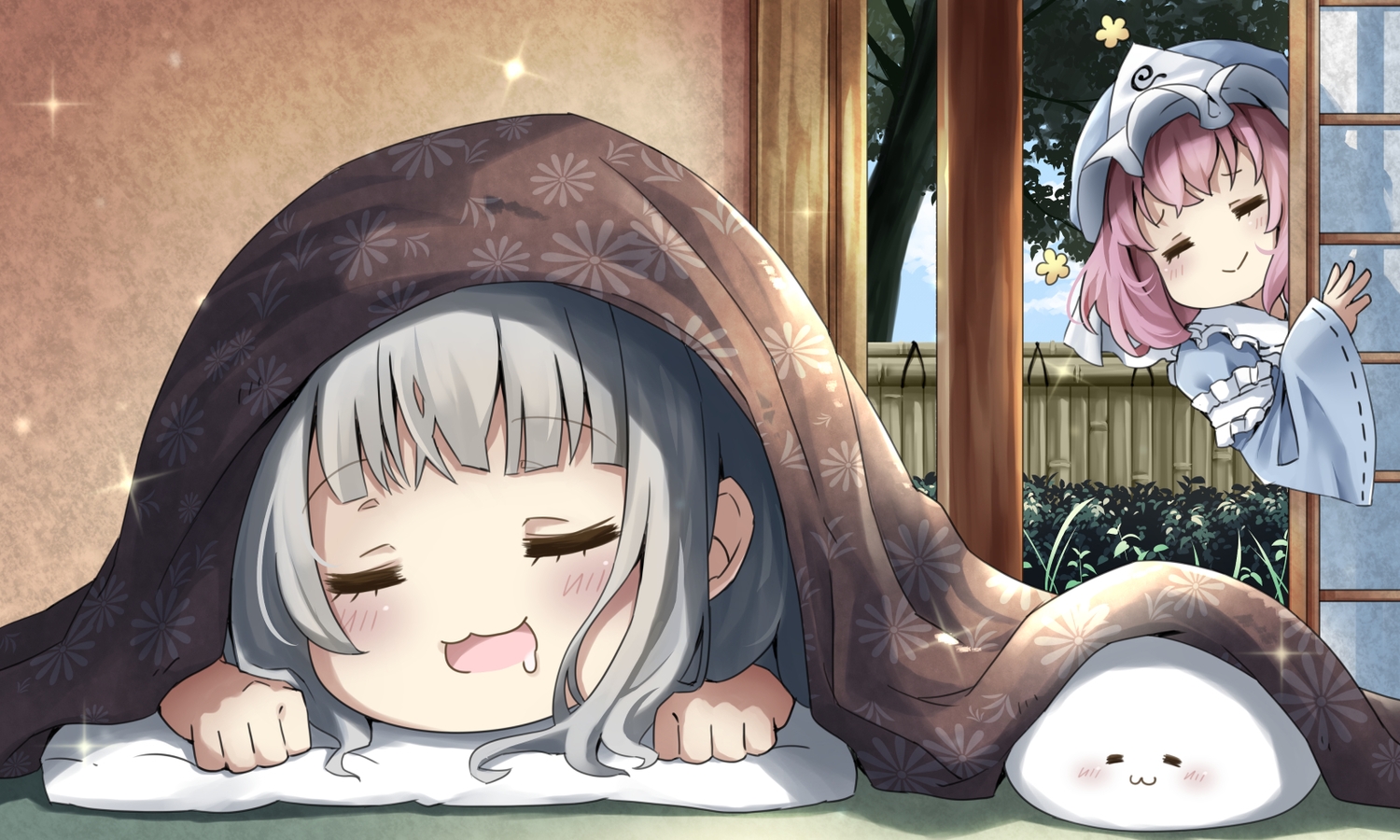 2girls, blush, cat_smile, gray_hair, konpaku_youmu, myon, pegashi, pink_hair, saigyouji_yuyuko, shorts, sleeping, touhou, tree