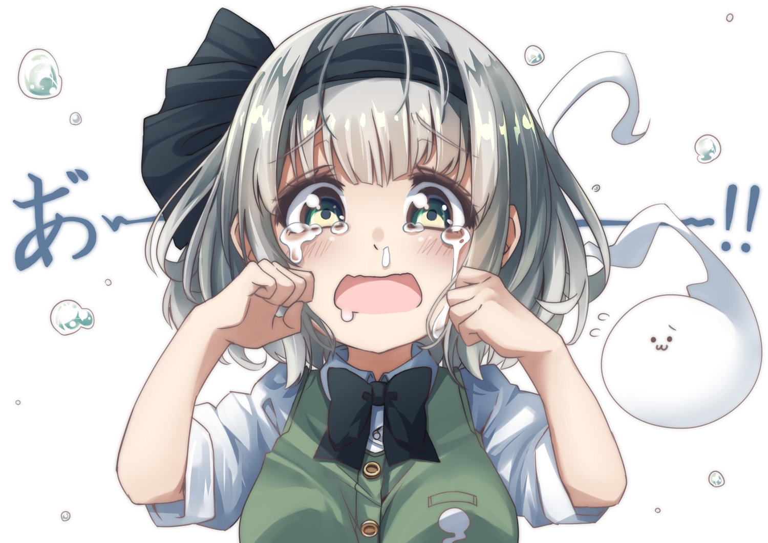blush, bow, cat_smile, crying, gray_hair, green_eyes, konpaku_youmu, myon