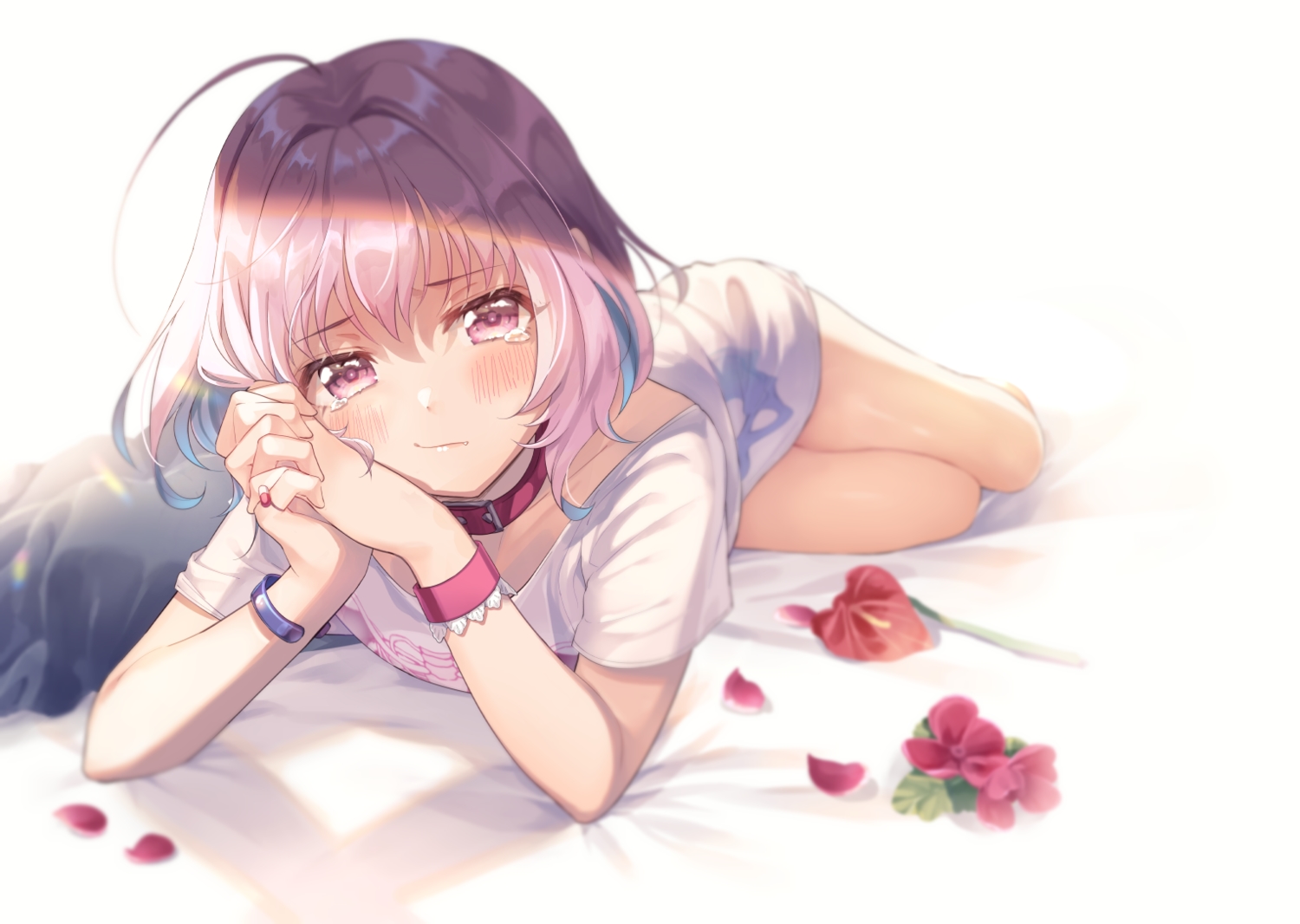 blush, collar, fang, idolmaster, idolmaster_cinderella_girls, kanda_done, petals, pink_eyes
