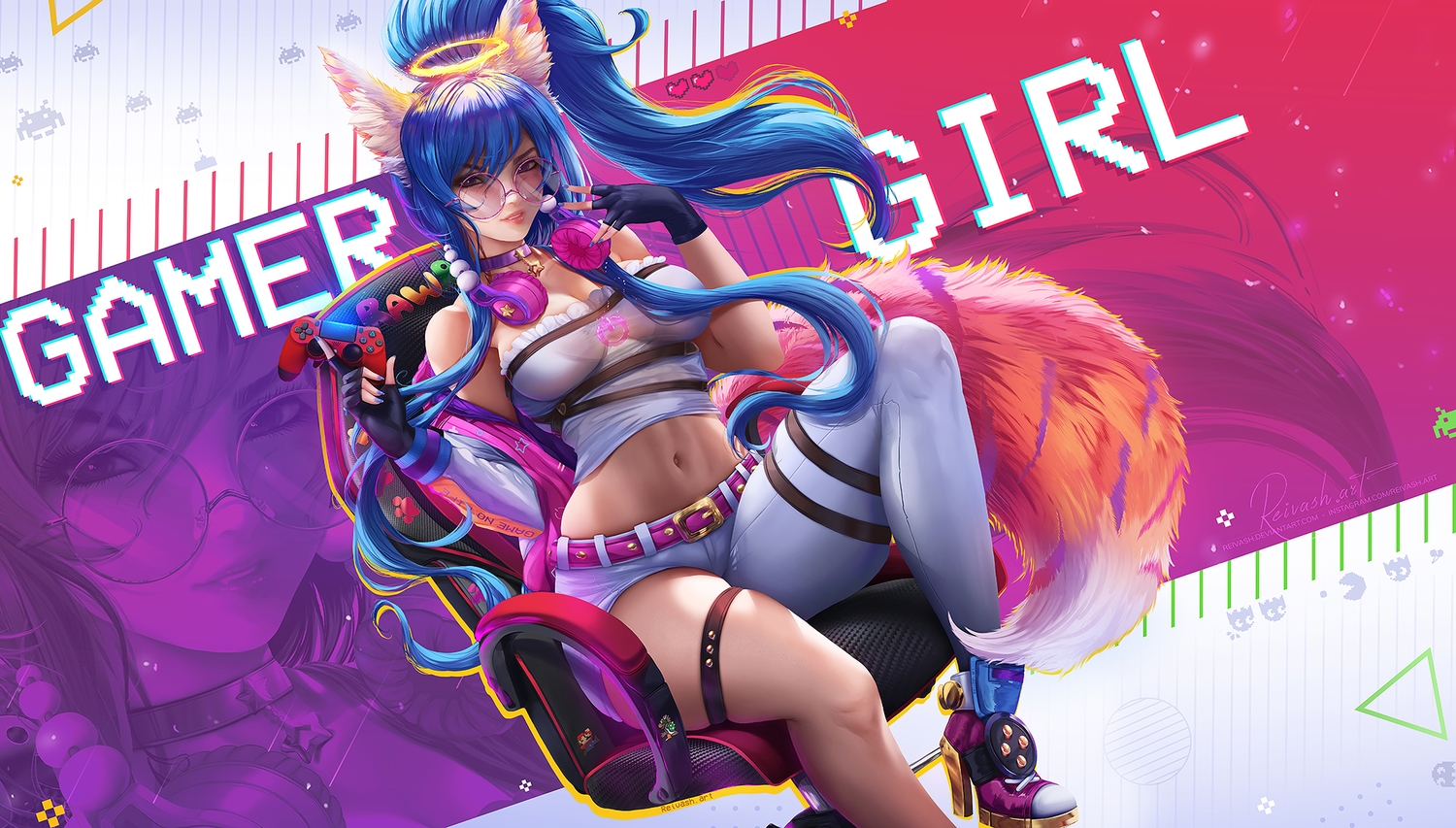 animal_ears, blue_hair, foxgirl, glasses, halo, headphones, javier_estrada, long_hair, navel, original, pacman, ponytail, purple_eyes, signed, space_invaders, super_mario, watermark, zoom_layer