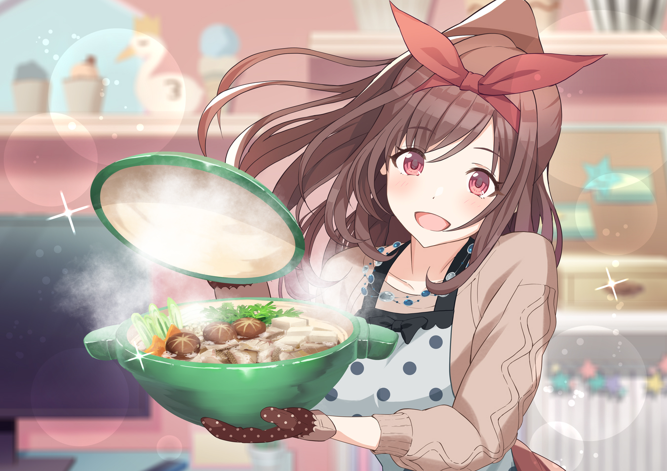 apron, blush, brown_hair, food, gloves, headband, idolmaster, idolmaster_shiny_colors