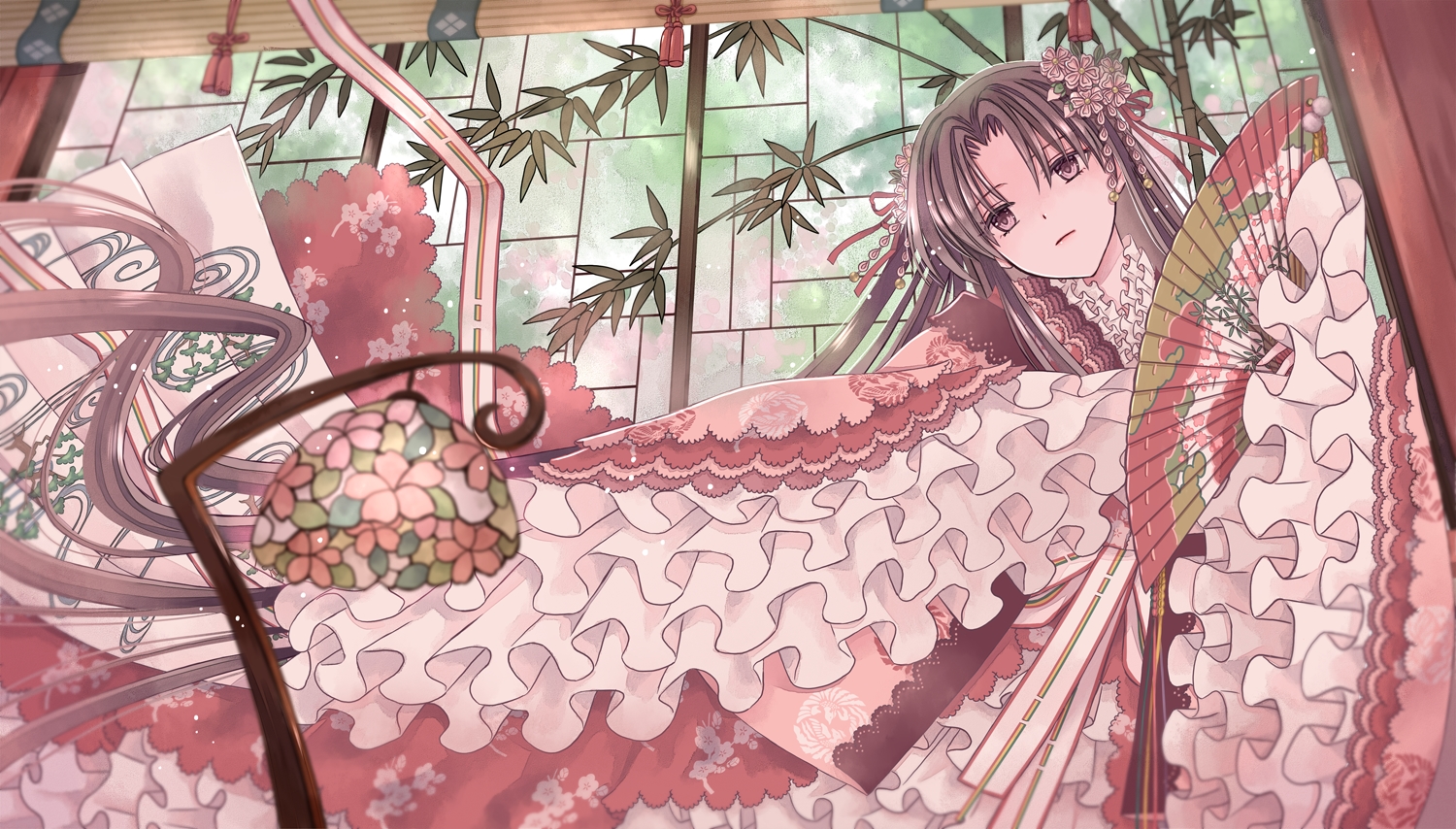brown_hair, fan, japanese_clothes, kimono, kisshou_mizuki, lolita_fashion, long_hair, original, pink_eyes, ribbons