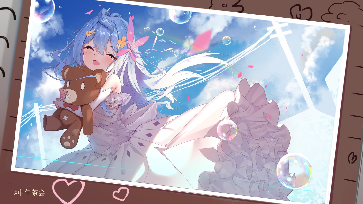 aqua_hair, blush, bubbles, clouds, dress, heart, hug, loli