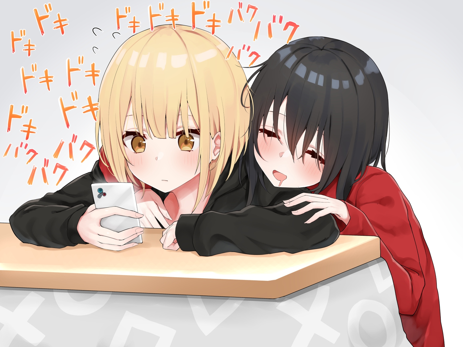 2girls, aliasing, black_hair, blonde_hair, blush, brown_eyes, close, hug
