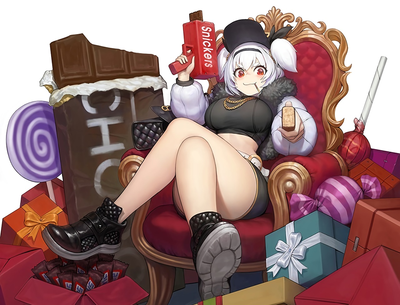 alvis_(last_origin), breasts, candy, chain, chocolate, cropped, hat, headband, june_5, last_origin, lollipop, necklace, red_eyes, short_hair, twintails, waifu2x, white_hair