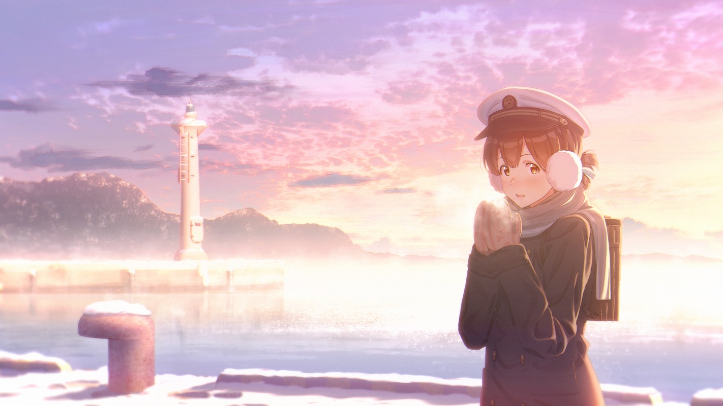 anthropomorphism, brown_eyes, brown_hair, clouds, earmuffs, gloves, hat, kantai_collection, key_kun, lighthouse, scarf, school_uniform, sky, snow, sunset, taiyou_(kancolle), waifu2x, water