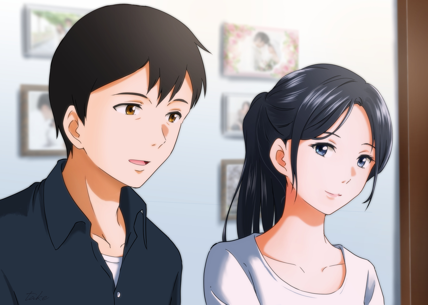 amano_hina, black_hair, blue_eyes, brown_eyes, male, morisaki_hotaka, ponytail, short_hair, tenki_no_ko, user_rtsg2375