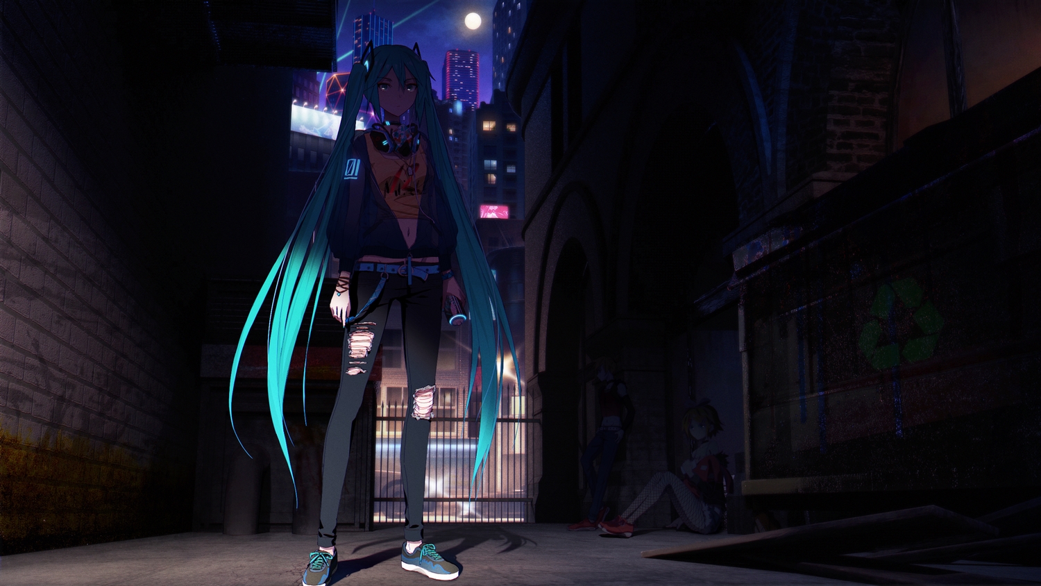 blonde_hair, blue_eyes, blue_hair, building, car, city, dark, drink