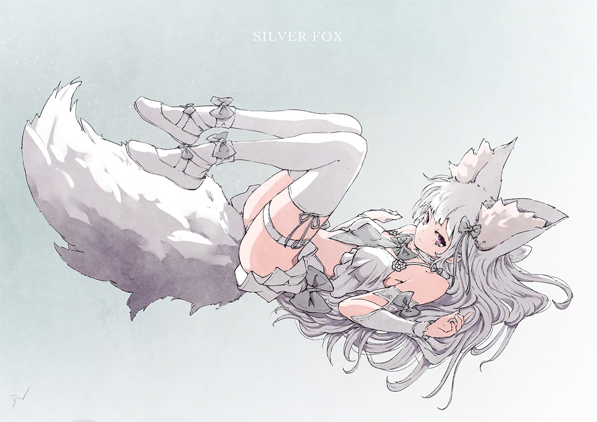 animal_ears, bow, foxgirl, garter, gradient, gray_hair, long_hair, original, polychromatic, purple_eyes, satyuas, signed, skirt, tail, thighhighs
