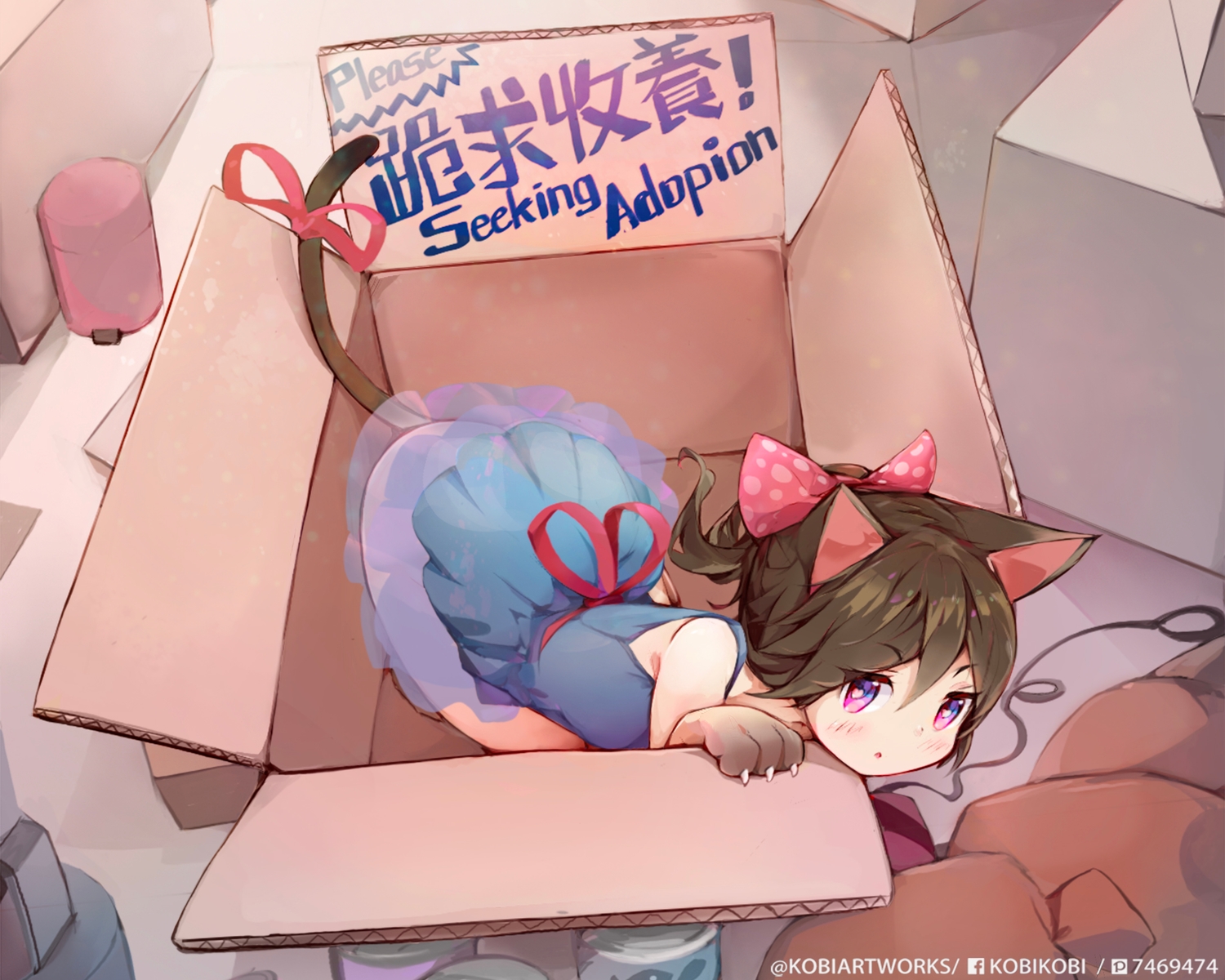 animal_ears, blush, brown_hair, catgirl, cropped, dress, original, piliheros2000, ponytail, purple_eyes, tail, watermark