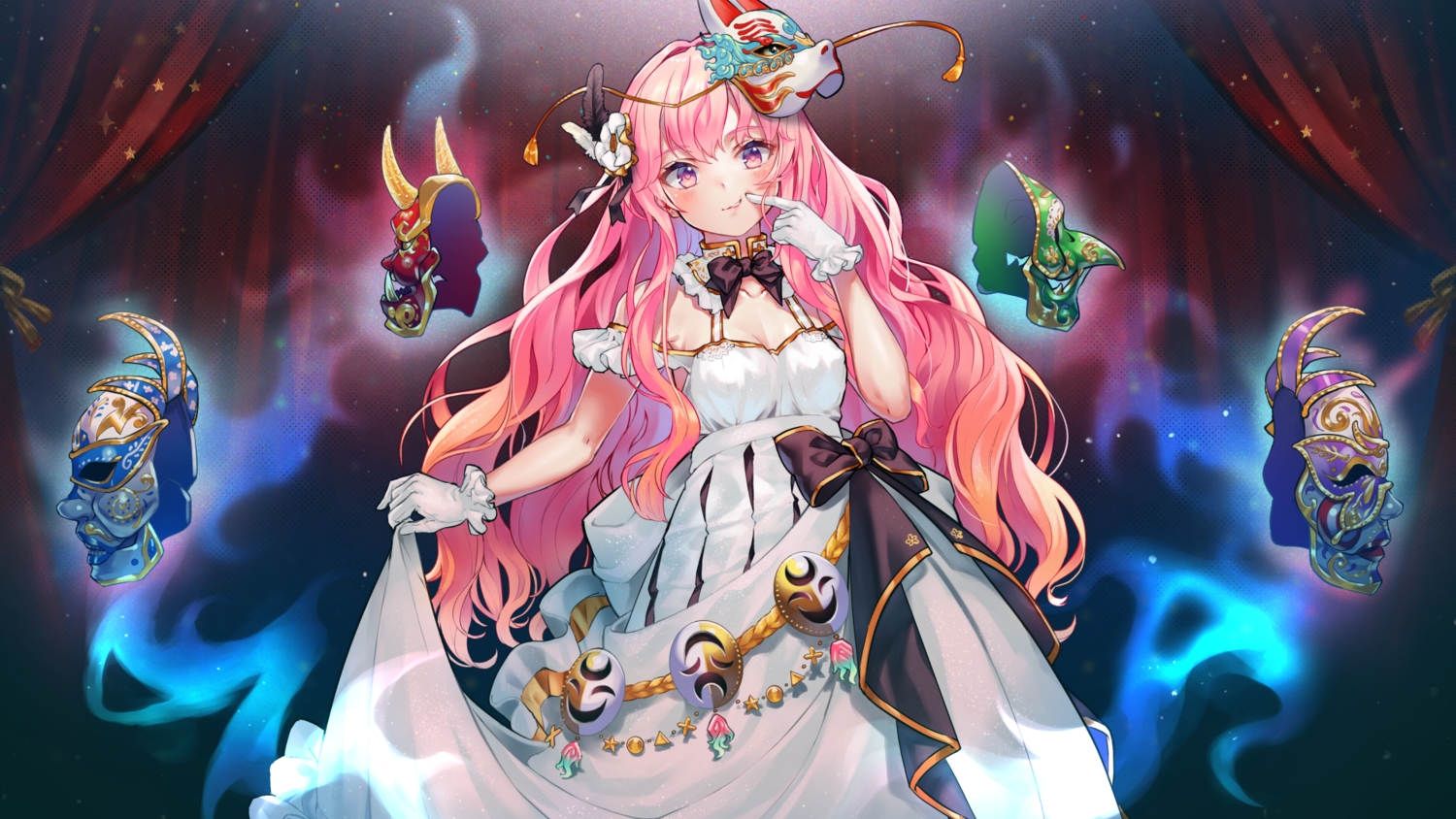 blush, bow, dress, gloves, hata_no_kokoro, long_hair, magic, mask