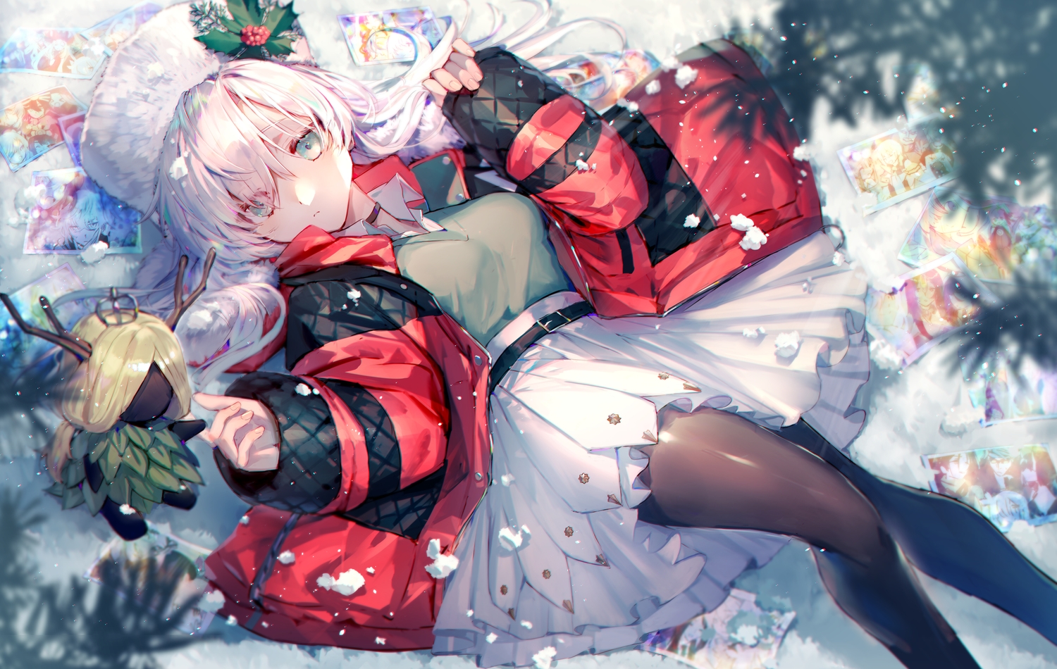 anastasia_(fate/grand_order), aqua_eyes, choker, doll, fate/grand_order, fate_(series), hat, long_hair, mebaru, pantyhose, skirt, snow, white_hair