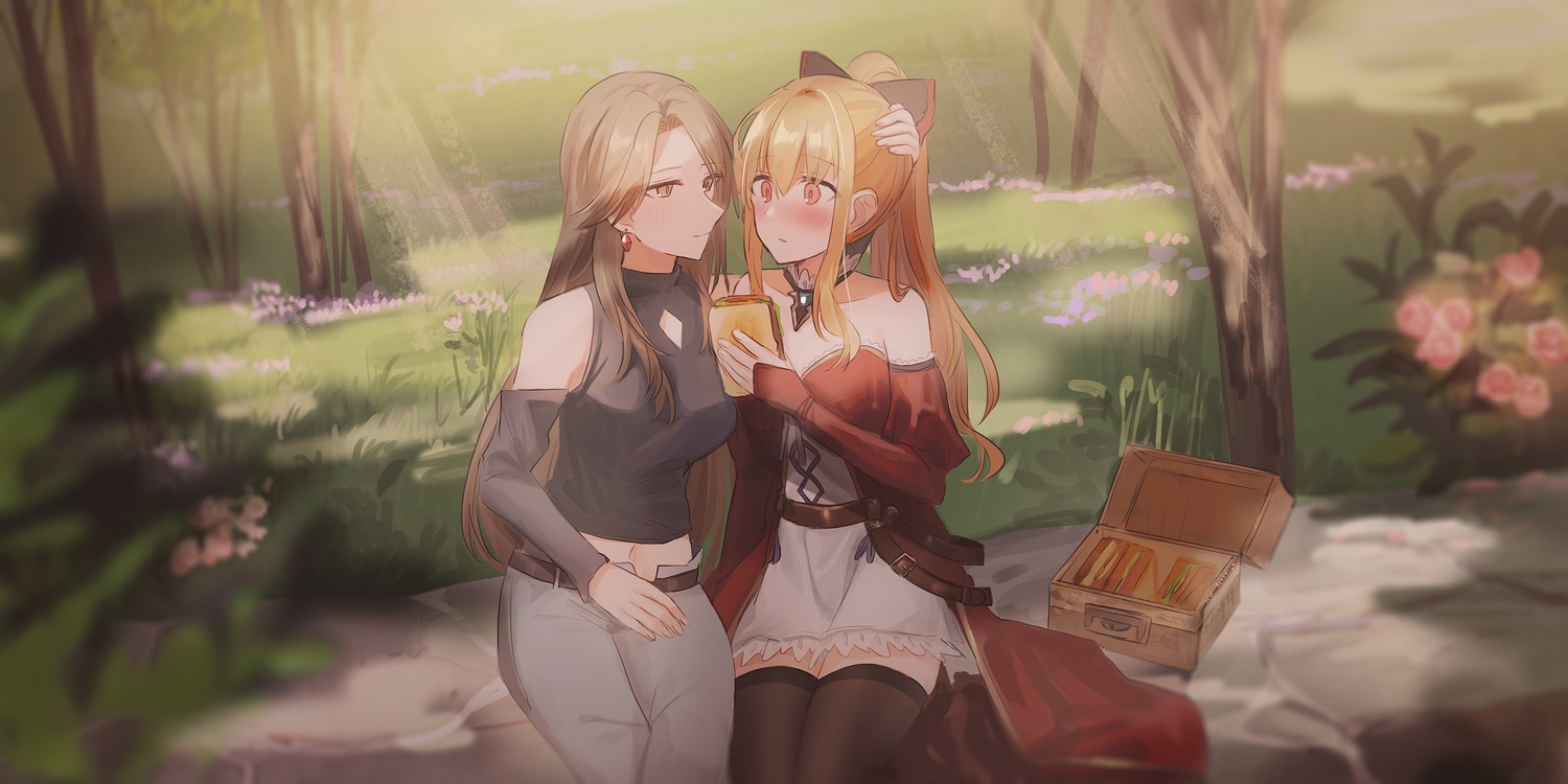 2girls, blonde_hair, blush, brown_eyes, brown_hair, chihuri405, dress, flowers, food, granblue_fantasy, grass, katalina_aryze, long_hair, navel, ponytail, red_eyes, shoujo_ai, thighhighs, tree, vira_(granblue_fantasy)