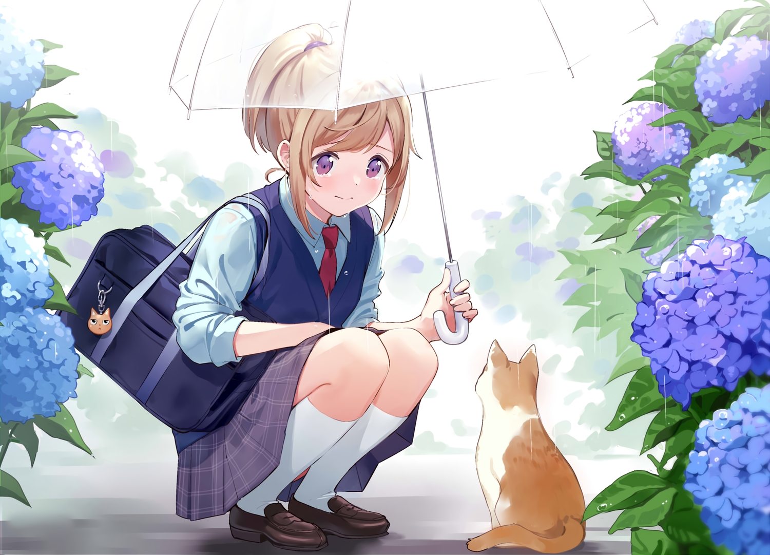 animal, blonde_hair, cat, crying, flowers, kneehighs, original, ponytail