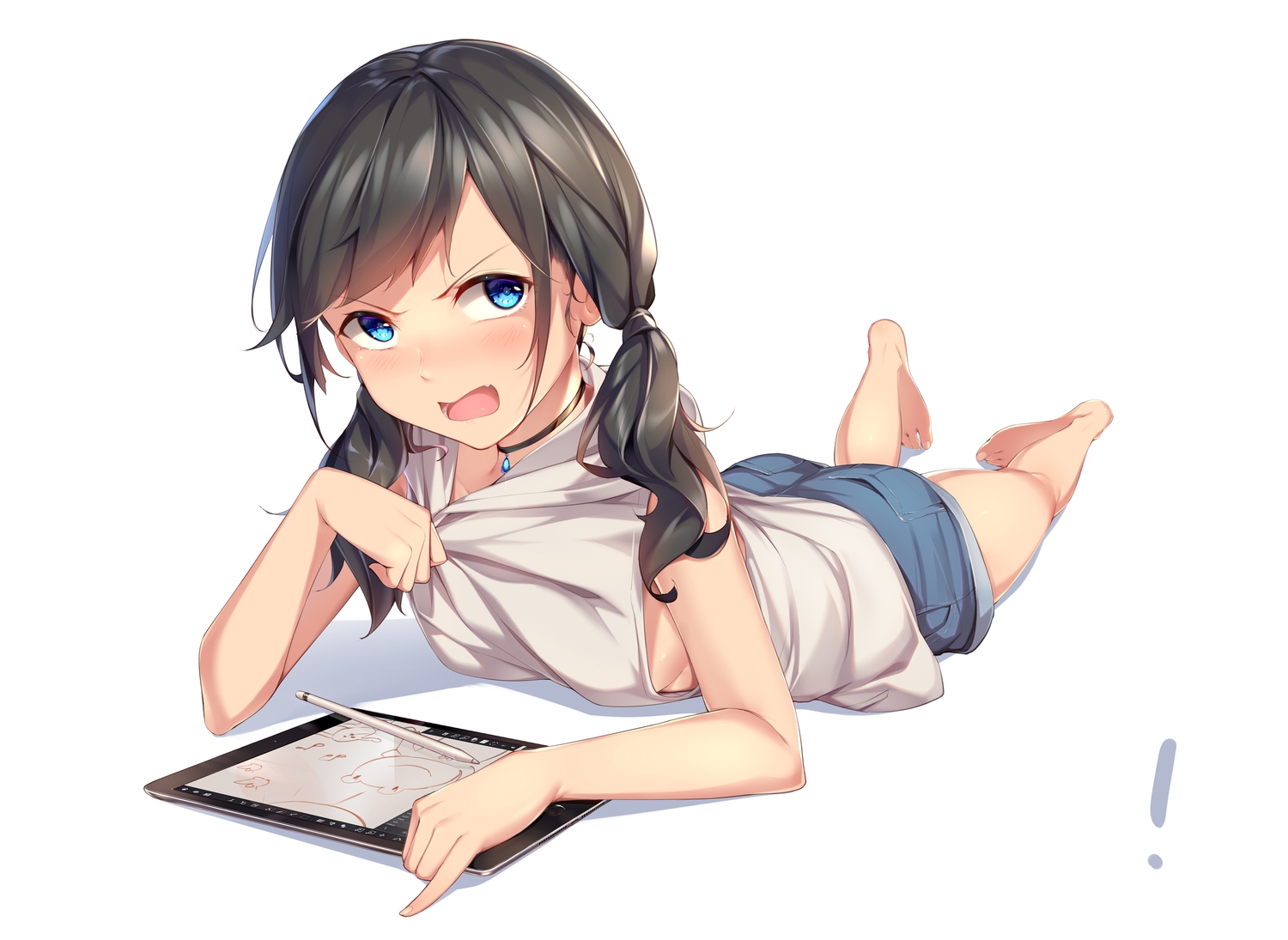 amano_hina, aqua_eyes, barefoot, black_hair, blush, breasts, computer, fang