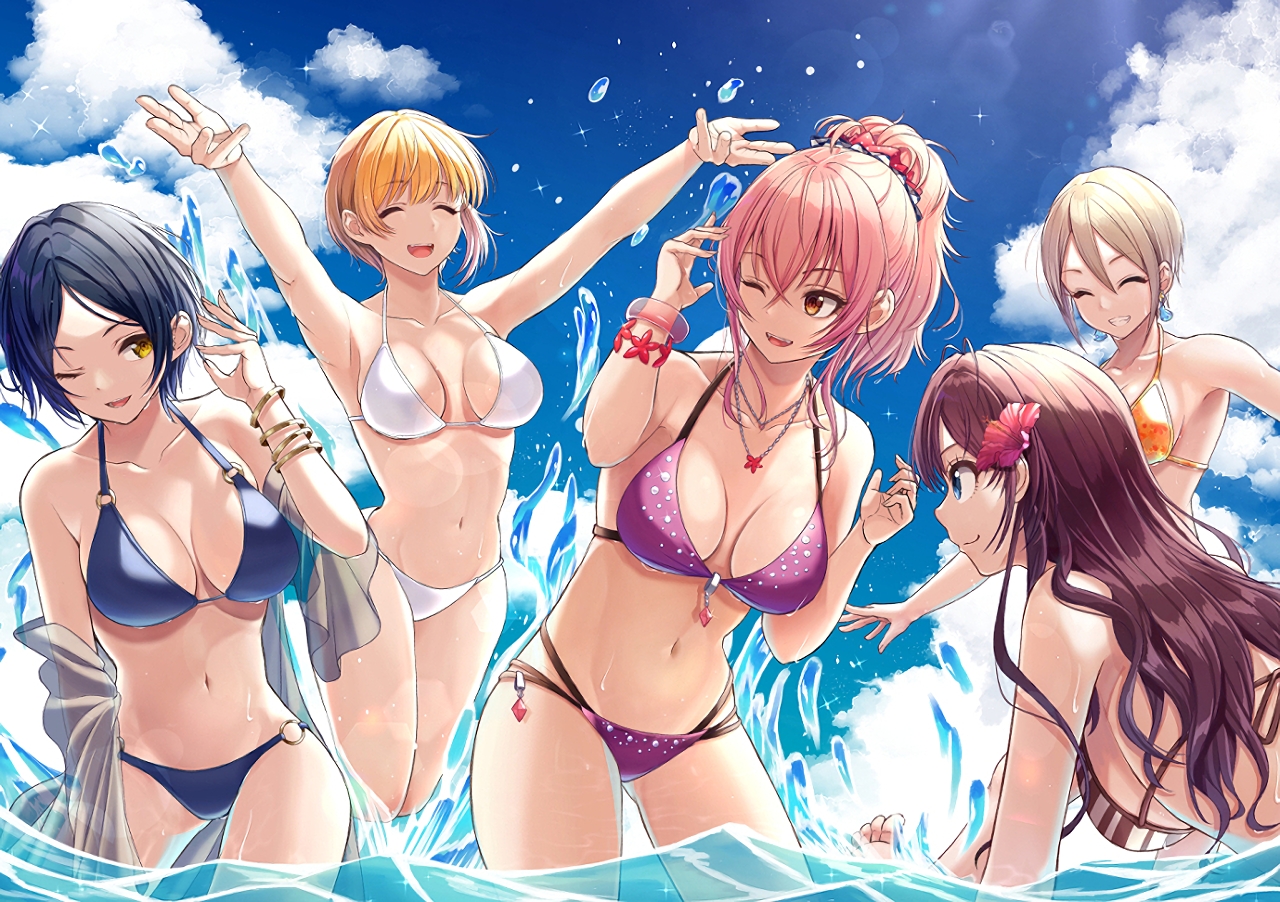 bikini, breasts, group, hayami_kanade, ichinose_shiki, idolmaster, idolmaster_cinderella_girls, jougasaki_mika, long_hair, migimaki_(migi_mawashi), miyamoto_frederica, shiomi_shuuko, short_hair, swimsuit, waifu2x, water