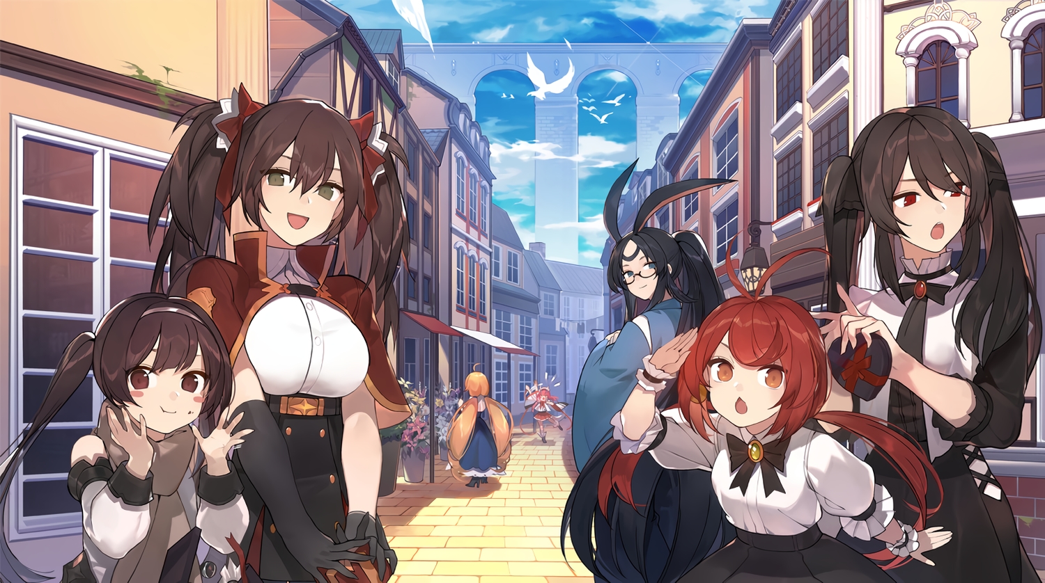 aliasing, animal, animal_ears, anthropomorphism, aqua_eyes, azur_lane, bird, black_hair, blonde_hair, breasts, brown_eyes, brown_hair, building, bunny_ears, bunnygirl, chocolate, city, clouds, dress, elbow_gloves, eldridge_(azur_lane), flowers, glasses, gloves, haruna_(azur_lane), hat, inxst, jersey_(azur_lane), loli, long_hair, orange_eyes, ping_hai_(azur_lane), ponytail, red_eyes, ribbons, ryuujou_(azur_lane), short_hair, sky, souryuu_(azur_lane), twintails, valentine, york_(azur_lane)