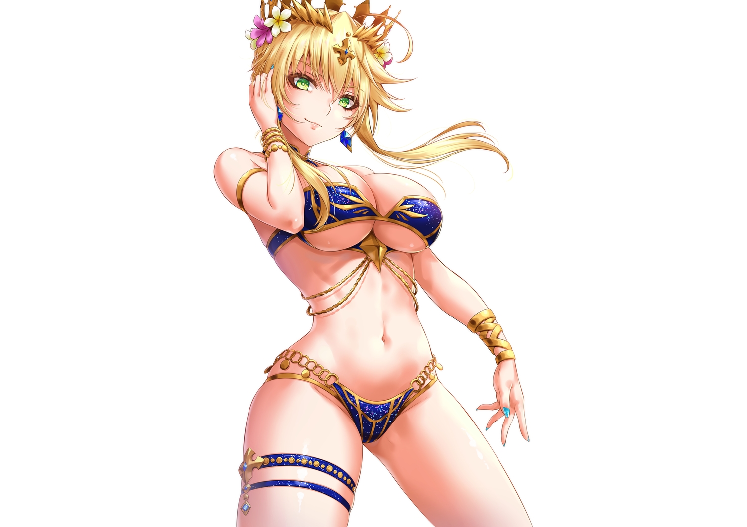artoria_pendragon_(all), artoria_pendragon_(lancer), bikini, blonde_hair, breasts, cleavage, crown, fate/grand_order, fate_(series), flowers, garter, green_eyes, navel, sakiyamama, short_hair, swimsuit, third-party_edit, underboob, white, wristwear
