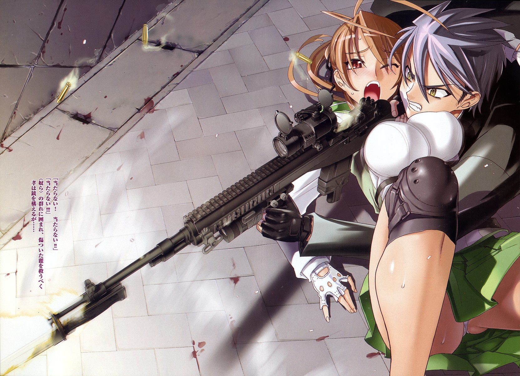 gun, highschool_of_the_dead, inazuma, komuro_takashi, miyamoto_rei, panties, underwear, weapon, wink