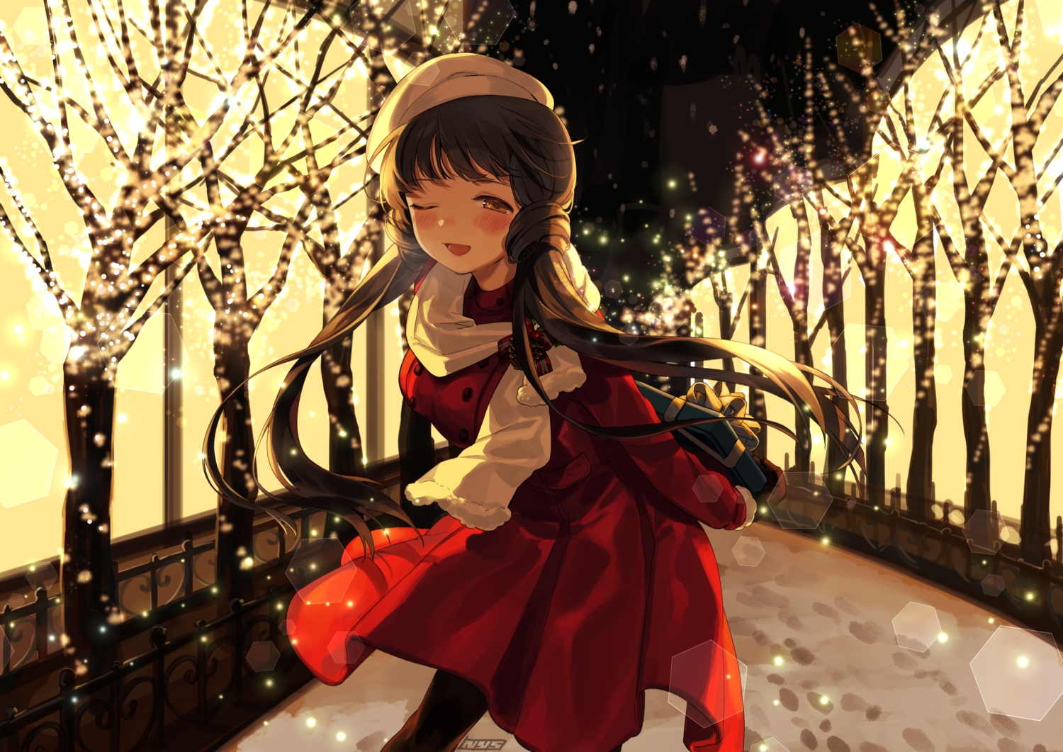 blush, brown_eyes, brown_hair, idolmaster, idolmaster_million_live!, kitakami_reika, long_hair, nys, scarf, snow, tree, wink, winter