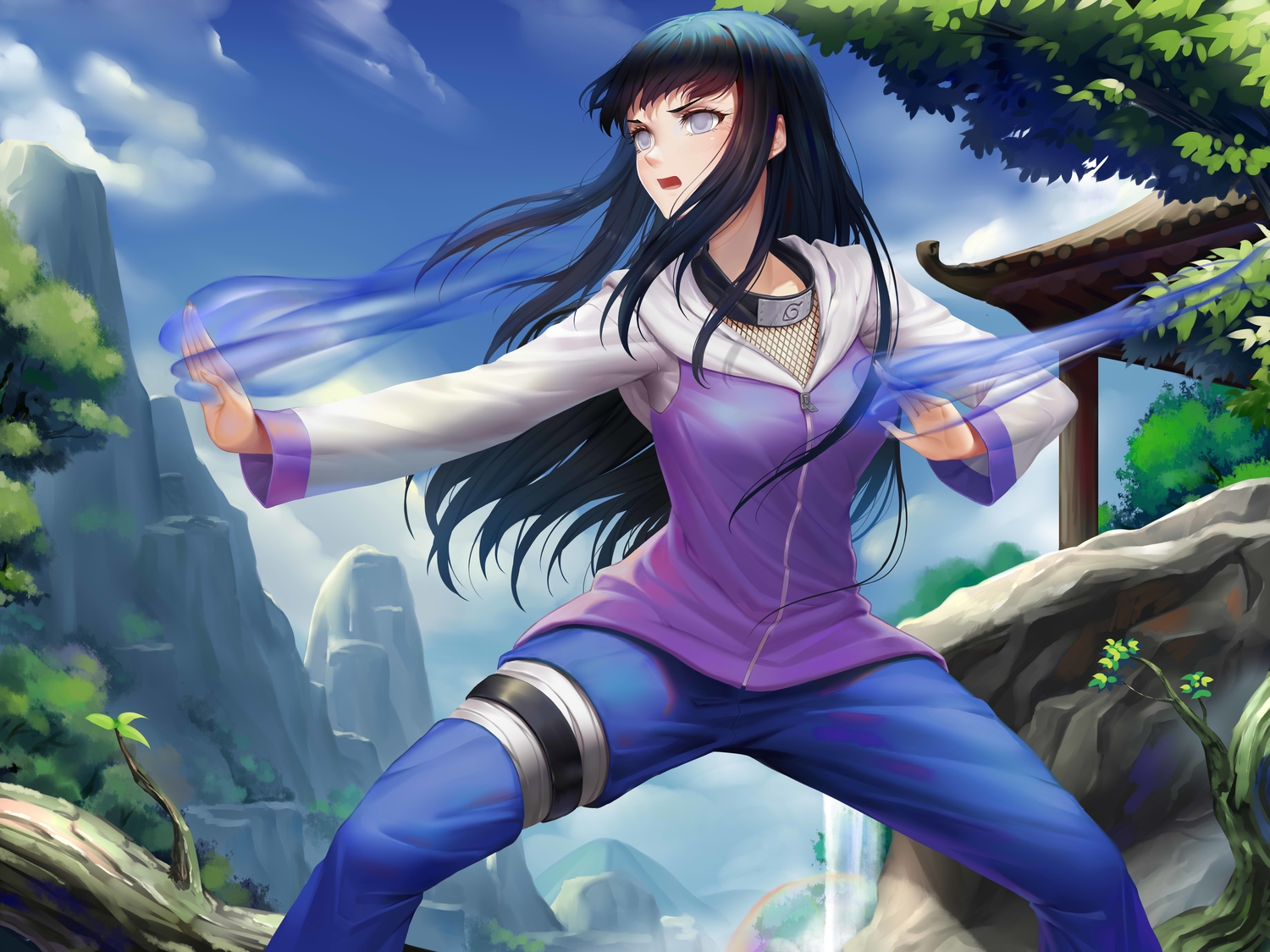 bandage, black_hair, blush, clouds, garter, gray_eyes, hood, hyuuga_hinata
