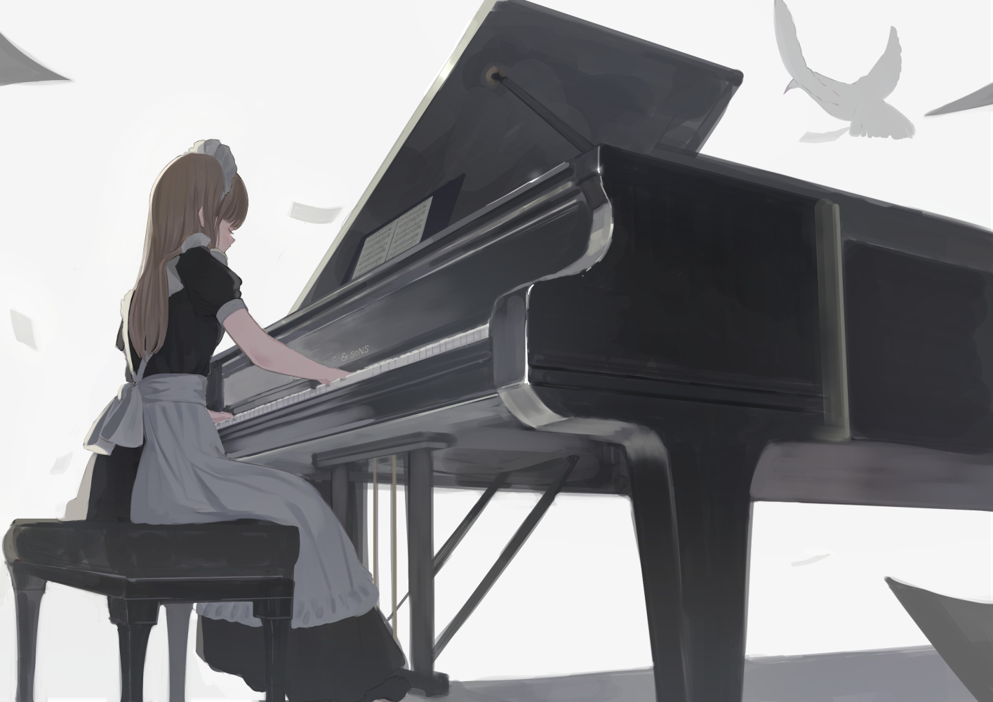 apron, blonde_hair, instrument, long_hair, maid, original, piano, shii_(kairi-t-k0317)