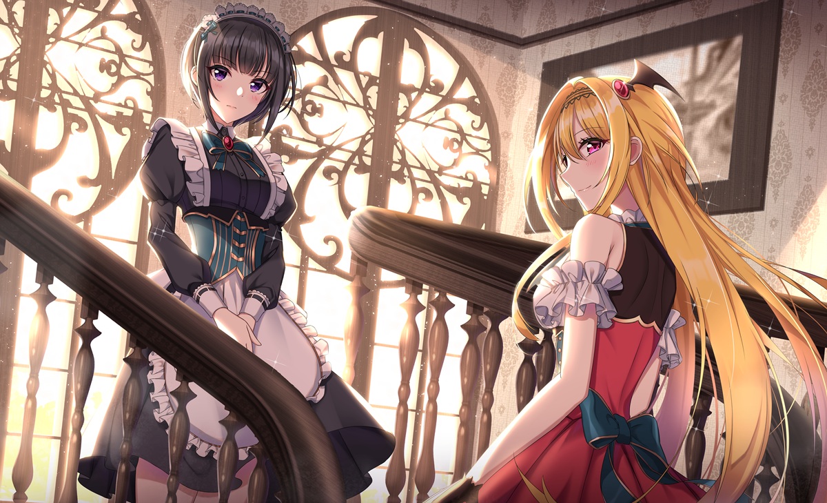 2girls, apron, black_hair, blonde_hair, idolmaster, idolmaster_cinderella_girls, kurosaki_chitose, long_hair, maid, pink_eyes, purple_eyes, shirayuki_chiyo, short_hair, sutoroa