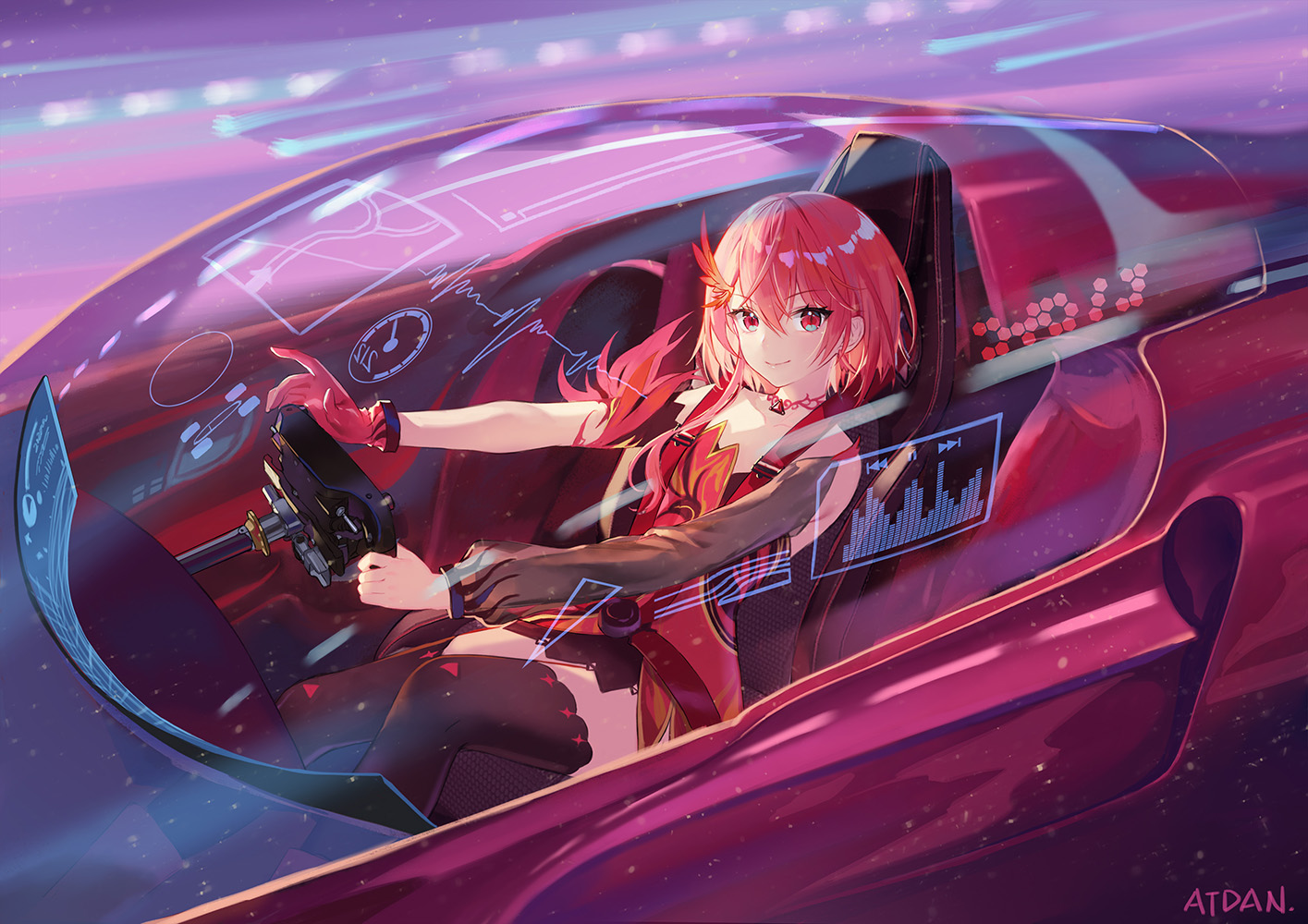 atdan, car, chiyu_(synthv), choker, dress, gloves, jpeg_artifacts, red_eyes