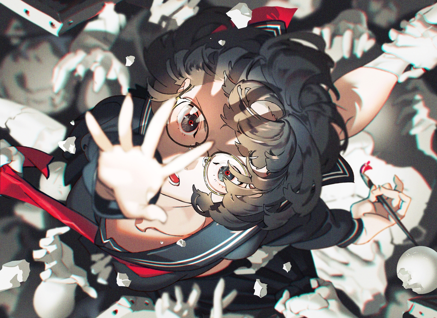 black_eyes, black_hair, glasses, original, school_uniform, short_hair, socks, yoneyama_mai