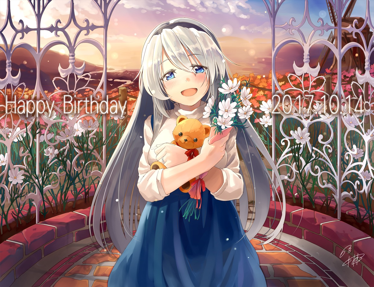 clannad, flowers, naka_akira, sakagami_tomoyo, signed, teddy_bear