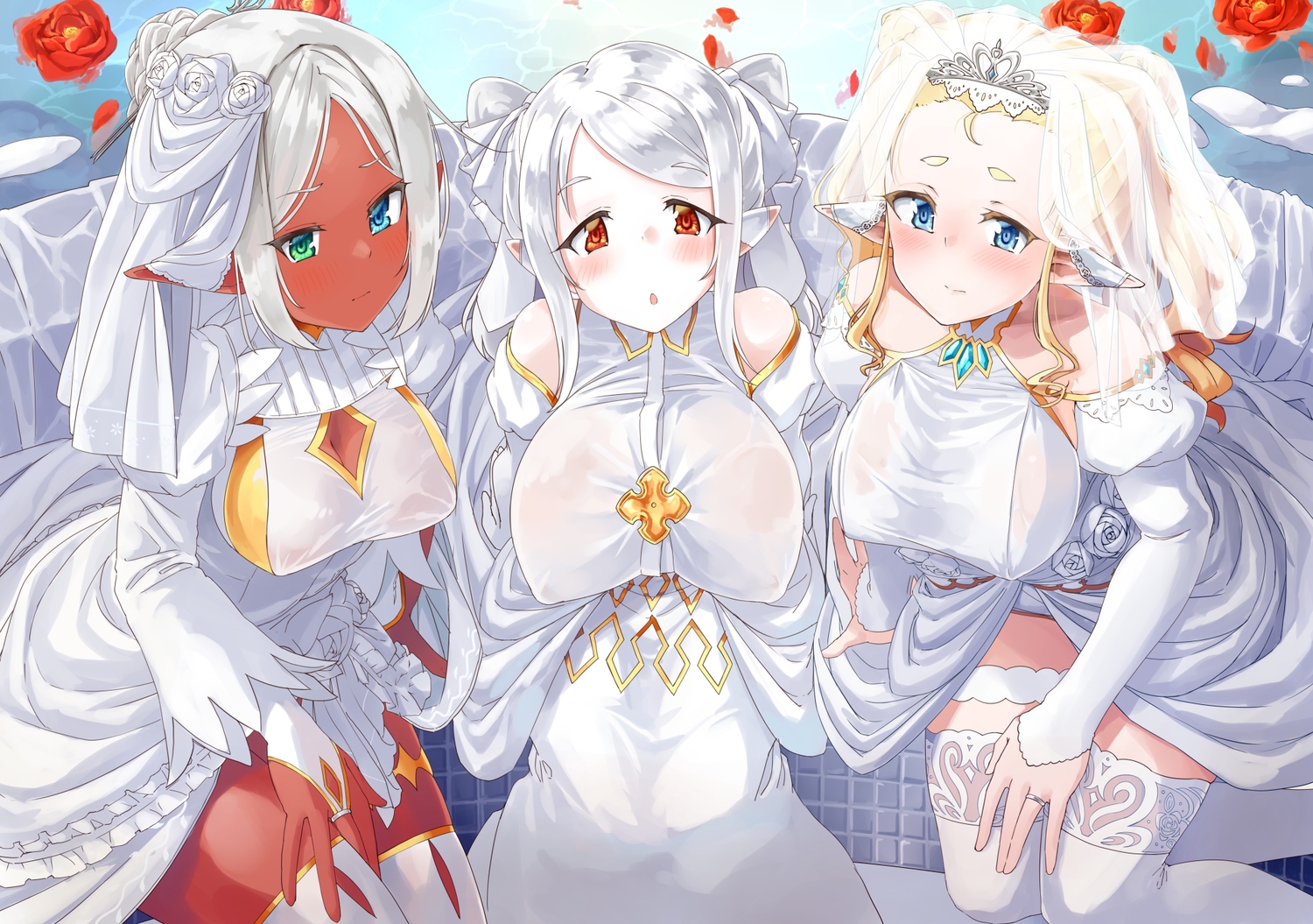 bicolored_eyes, blonde_hair, blue_eyes, blush, breasts, crown, dark_skin, dress, erect_nipples, flowers, garter, gray_hair, naka_akira, original, pointed_ears, red_eyes, rose, thighhighs, wedding_attire, white_hair