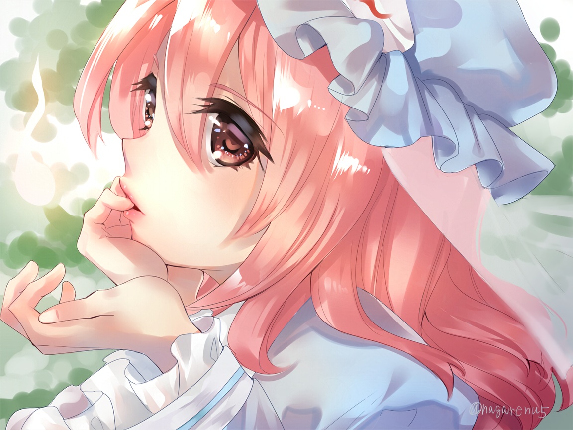 close, hat, nagare, pink_eyes, pink_hair, saigyouji_yuyuko, signed, touhou