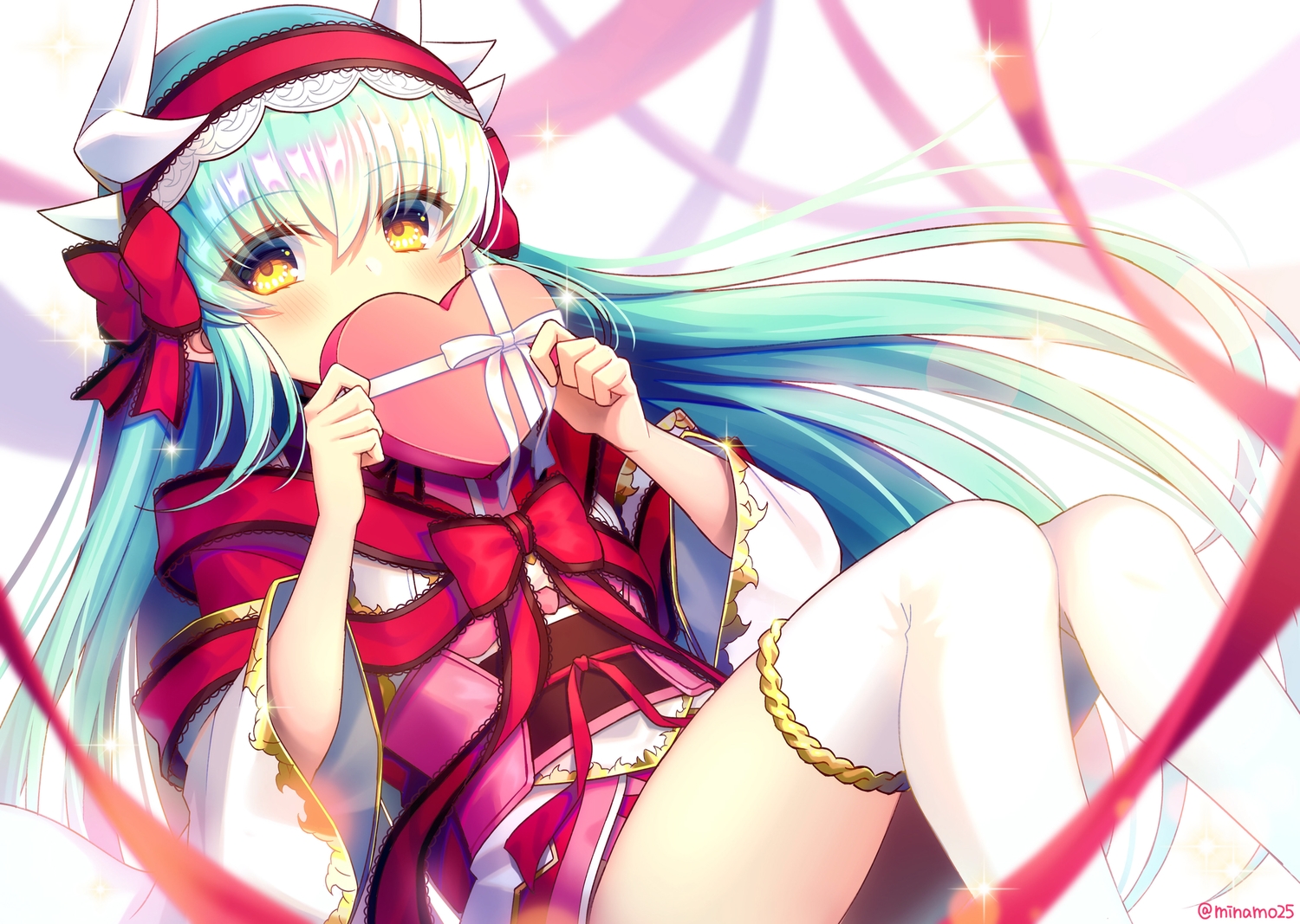 blush, bow, fate/grand_order, fate_(series), green_hair, headband, heart, horns, japanese_clothes, kiyohime_(fate/grand_order), long_hair, minamo25, ribbons, signed, thighhighs, yellow_eyes