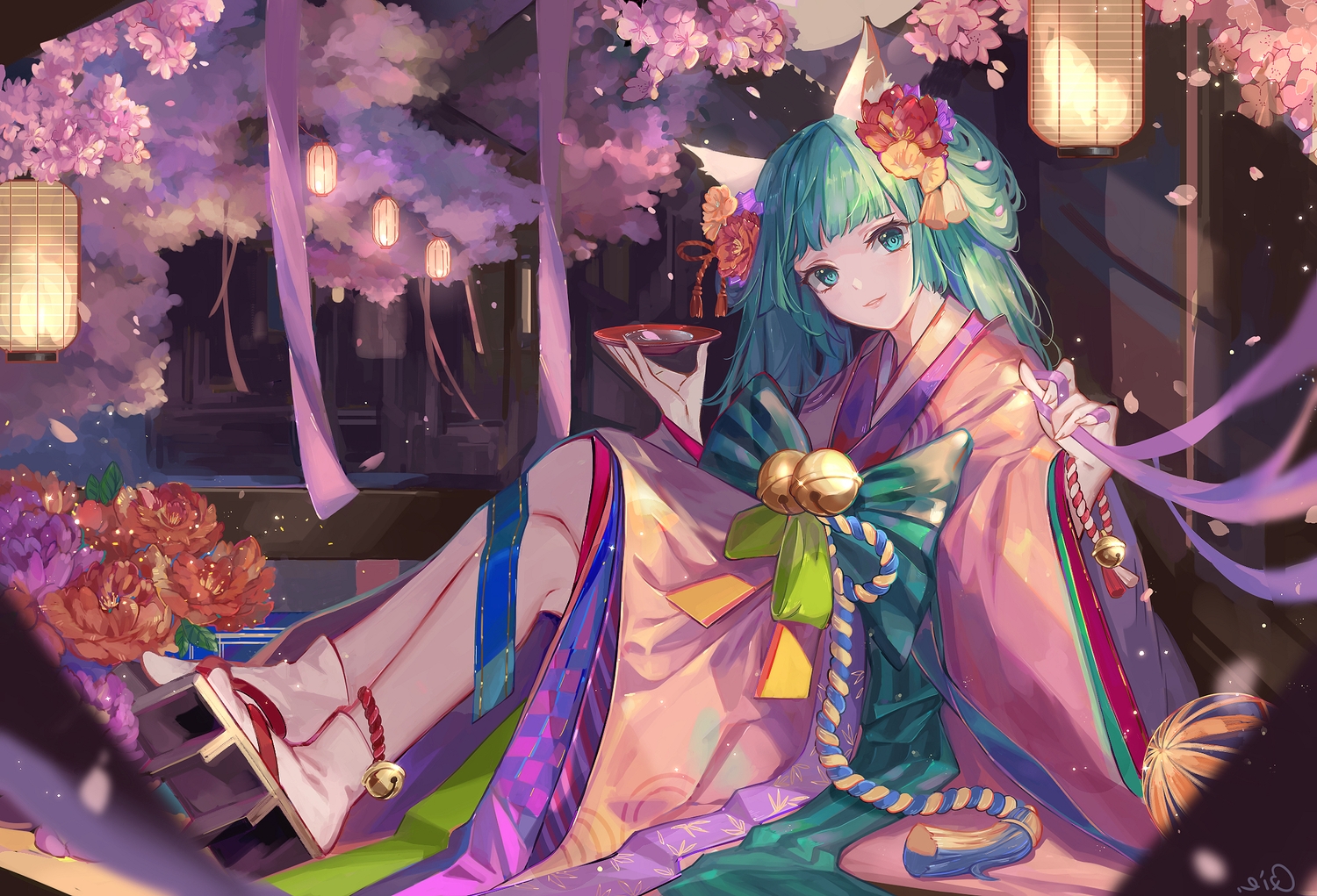 animal_ears, bell, cherry_blossoms, drink, flowers, foxgirl, green_eyes, green_hair