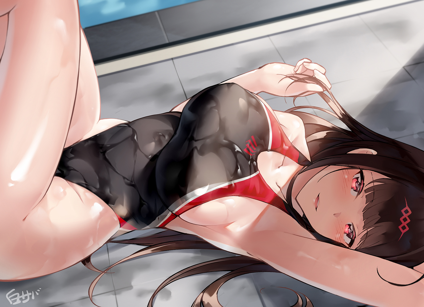 anthropomorphism, black_hair, breasts, dsr-50_(girls_frontline), girls_frontline, long_hair, red_eyes, shirosaba47, sideboob, signed, swimsuit, wet